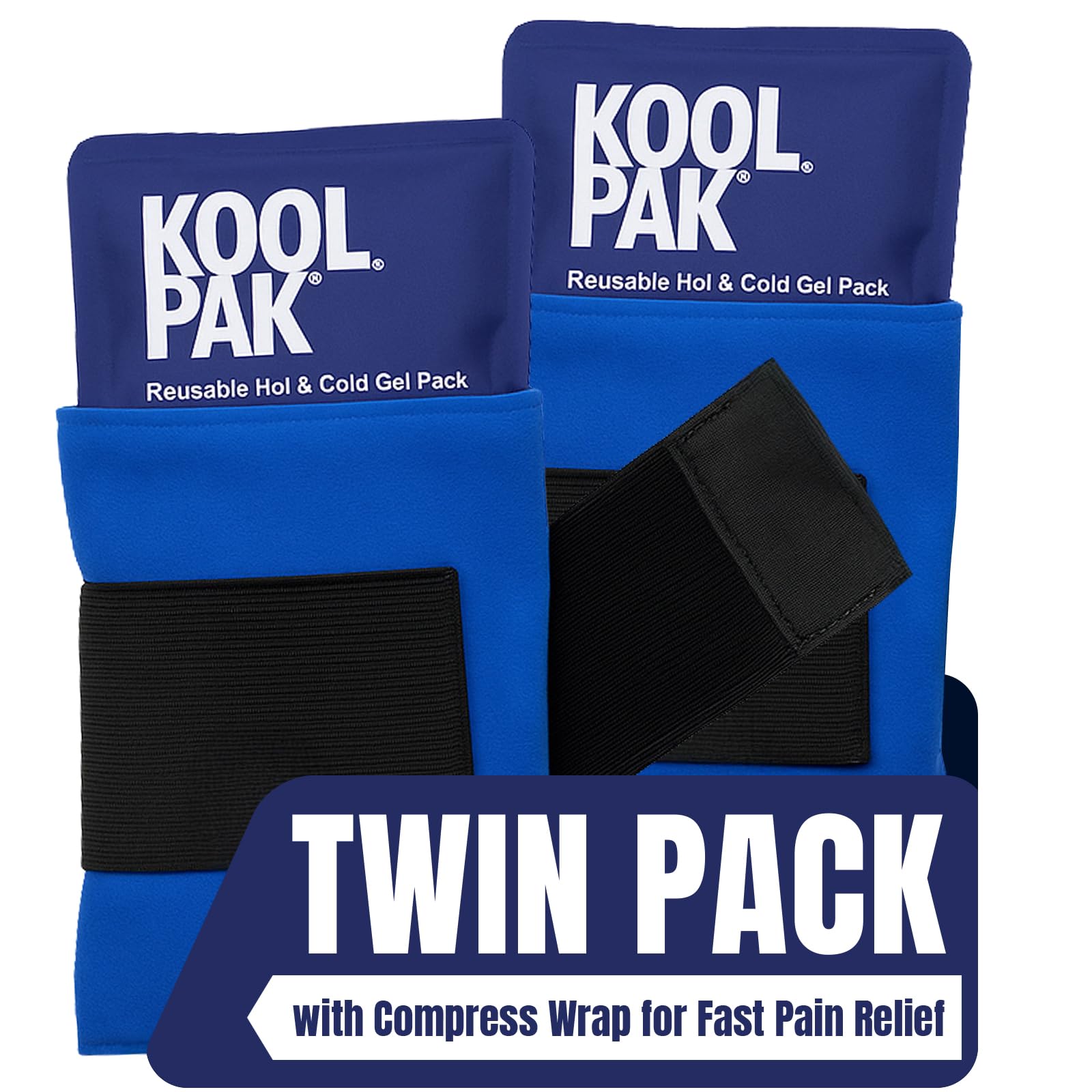Koolpak 2 x Deluxe Hot and Cold Gel Packs 29x12cm Reusable with Compression Wrap – Heat & Ice Therapy for Pain Relief, Injuries & Muscle Aches – Adjustable Elastic Holster – Hot Cold Therapy Pack