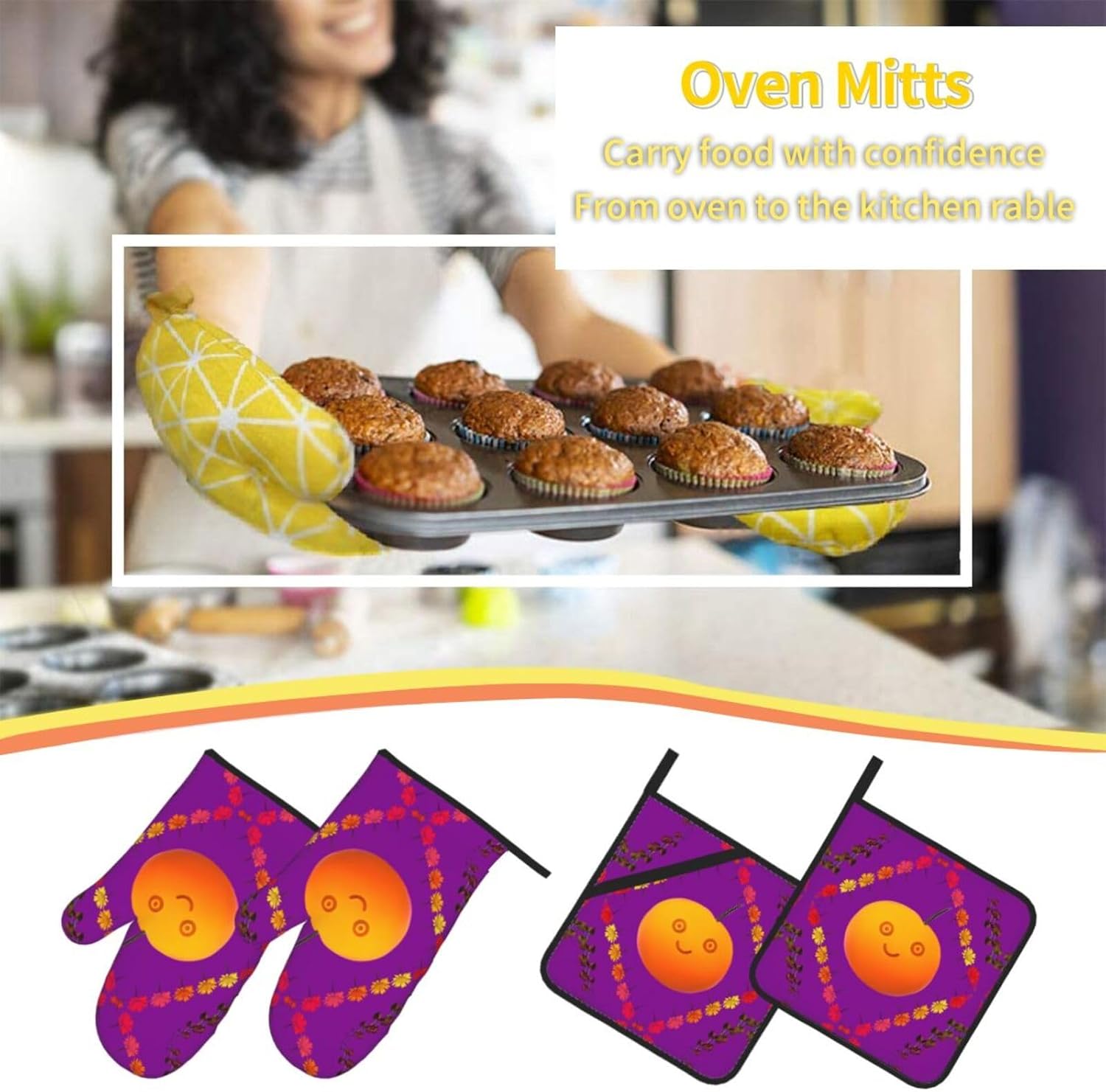 Smiley Orange Oven gloves and heat-resistant mat 4-piece set. Suitable for grilling, microwave oven frying, and baking