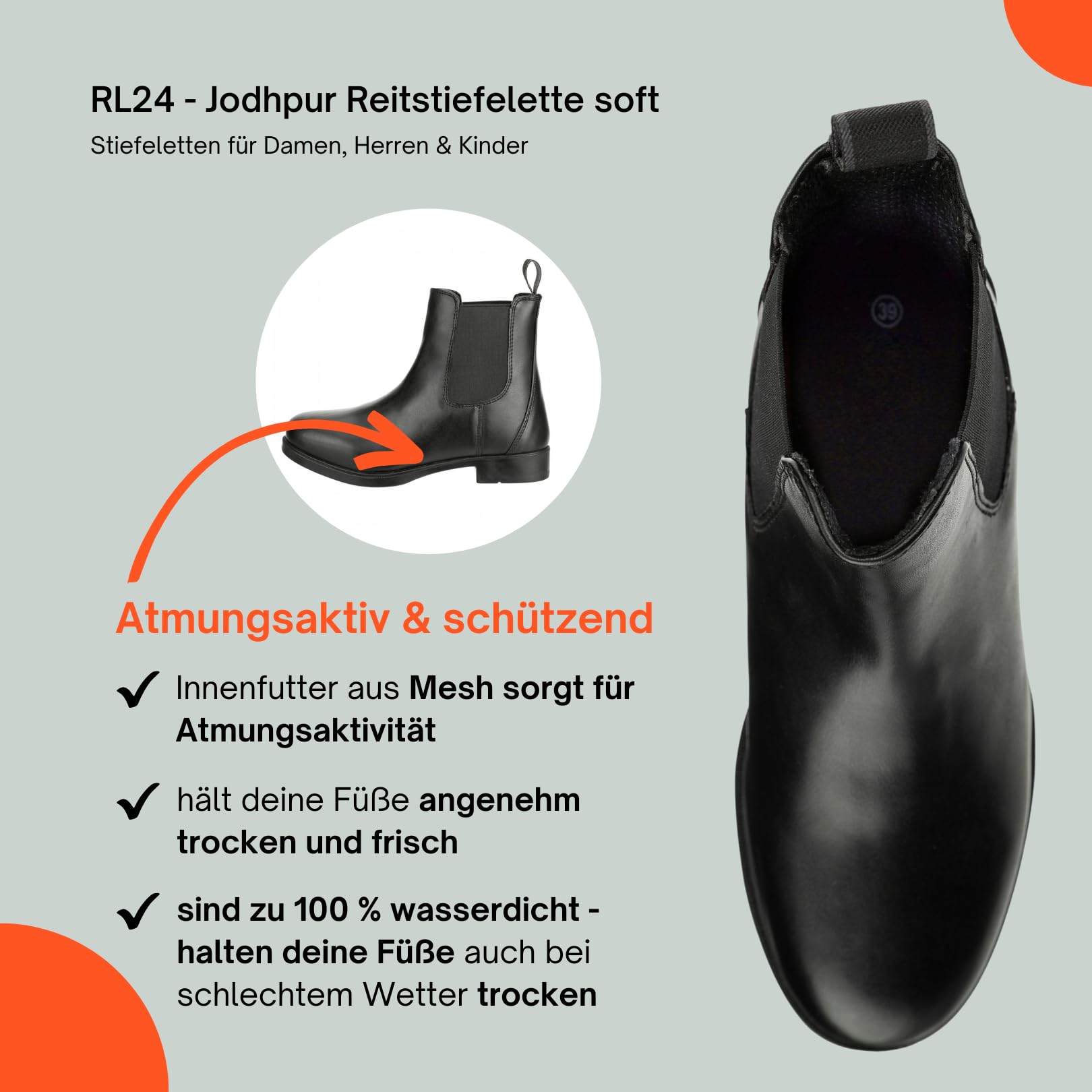 RL24 - Jodhpur Reitstiefelette soft | Kinder, Herren & Damen Stiefeletten | mit Elastikeinsatz & Pull-On | wasserdichte Chelsea Boots aus Kunstleder | schwarze Reitschuhe | Größe 28-46