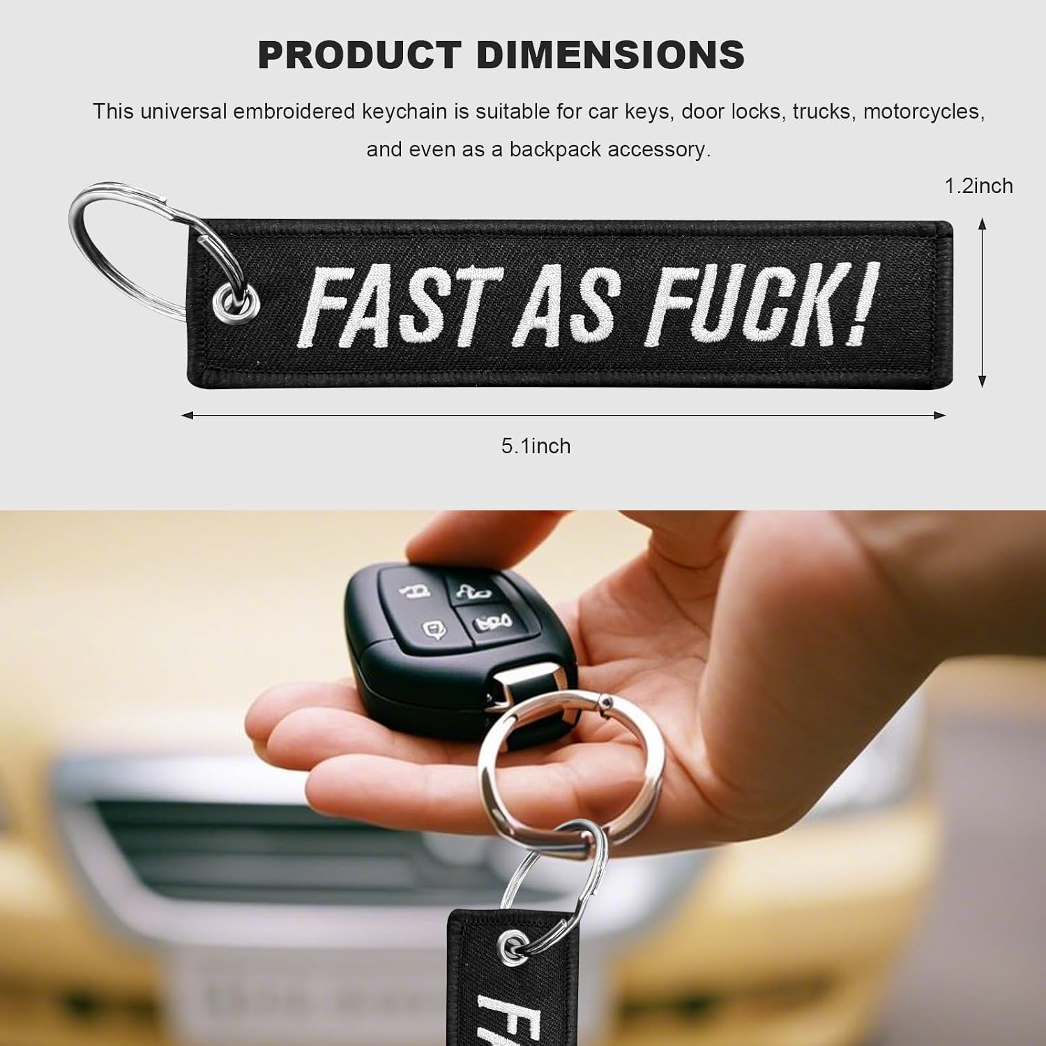 Personalized Keychain, Embroidery Key Chain Tag with Double Sided Bold Text, Customized Keyring for Car UTV ATV (FAST AS FUCK) image 2