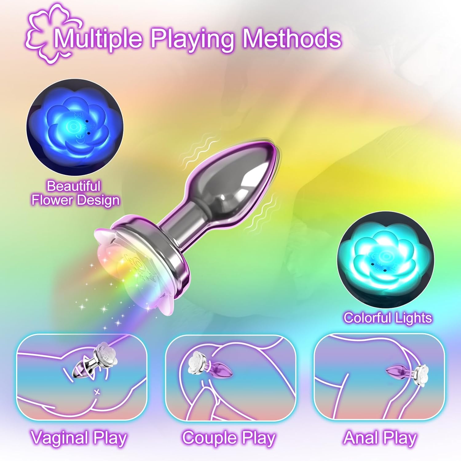 Anal Plug Adult Sex Toys for Women - Rose Vibrator Vibrating Butt Plug 10 Colorful Lights & 10 Powerful Vibration Modes & Remote Control, Metal Vaginal Anal Prostate Massager for Men Couple Pleasure
