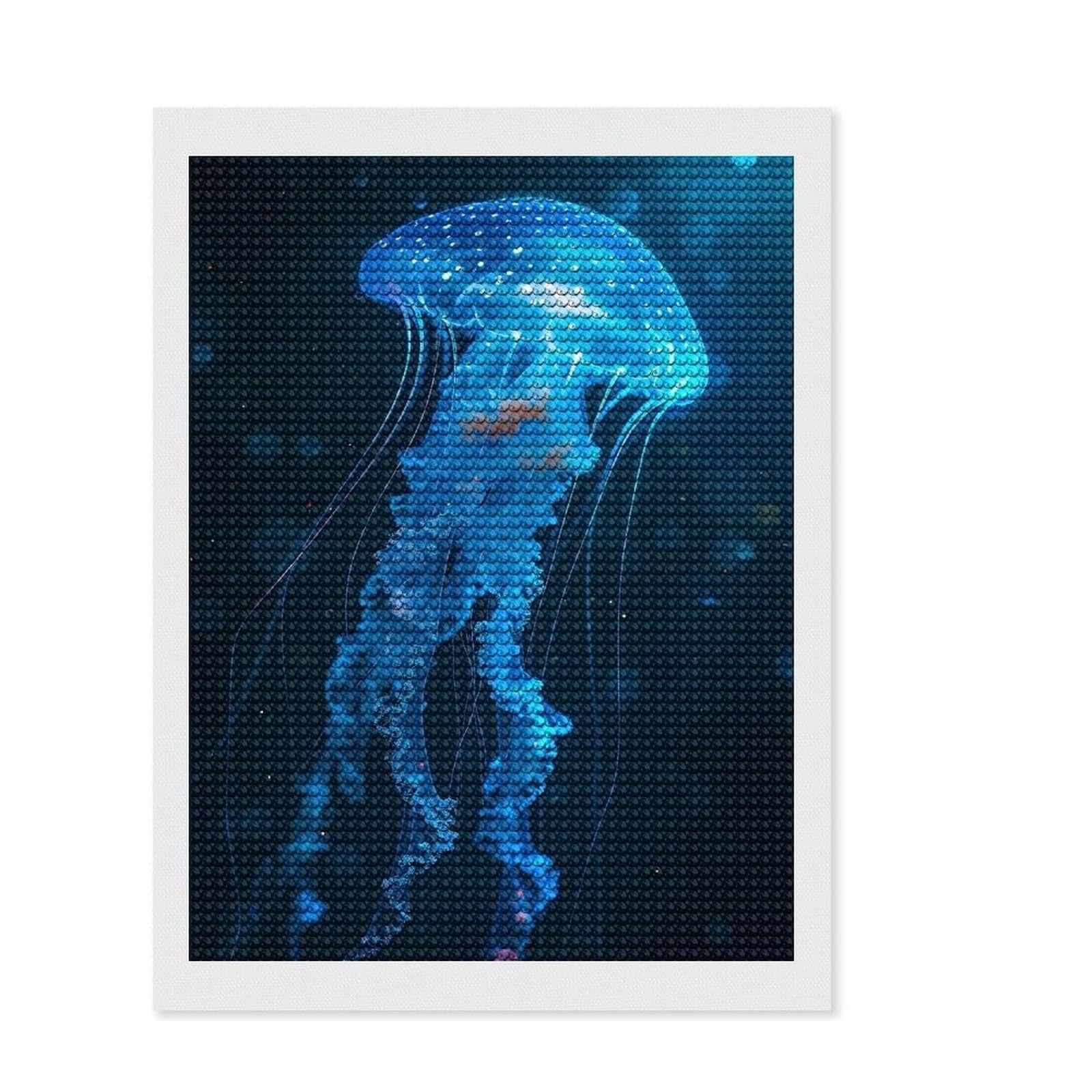 Junmoney Glowing Blue Jellyfish in Dark Water Full Drill Diamond Painting Kit 12"x16", for Adults, Pleasing Wall Art Project, Bedroom Decor, Festive Craft Gift