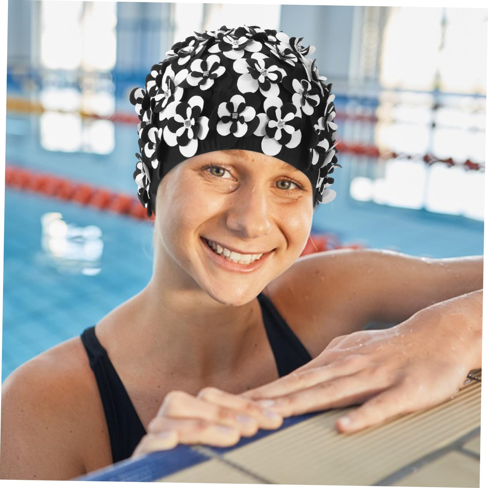 Gorro de natación Rana Sombrero de Verano Gorro de baño o de Piscina o Impermeable o de baño Floral o de baño para Mujer Pelo Largo algodón Black