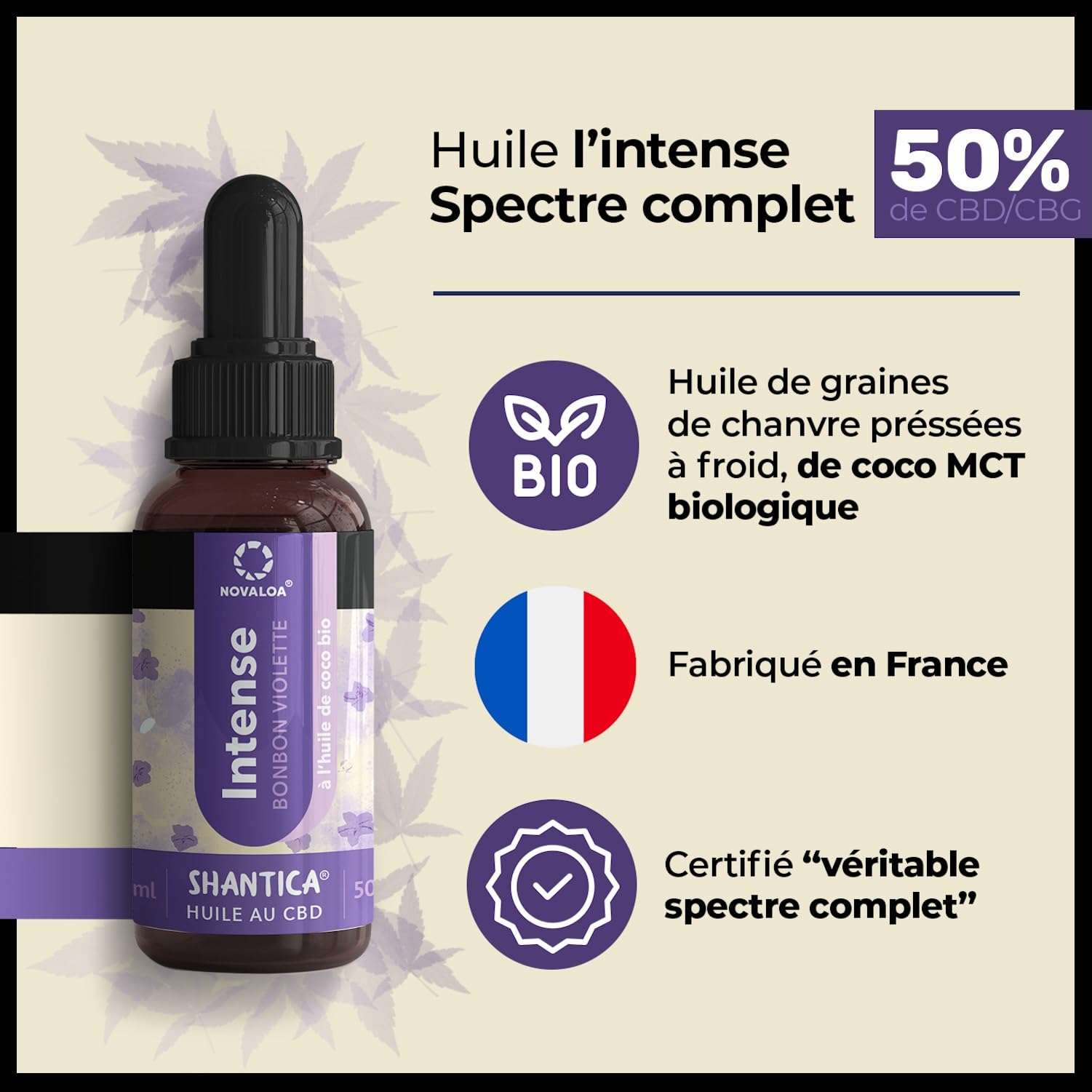 Huile L'Intense - À Partir d'Huile de Graines de Chanvre Pressées à Froid 5000mg - Bonbons Violettes & Fruits Rouges - Fabriquée en France - 10 ml