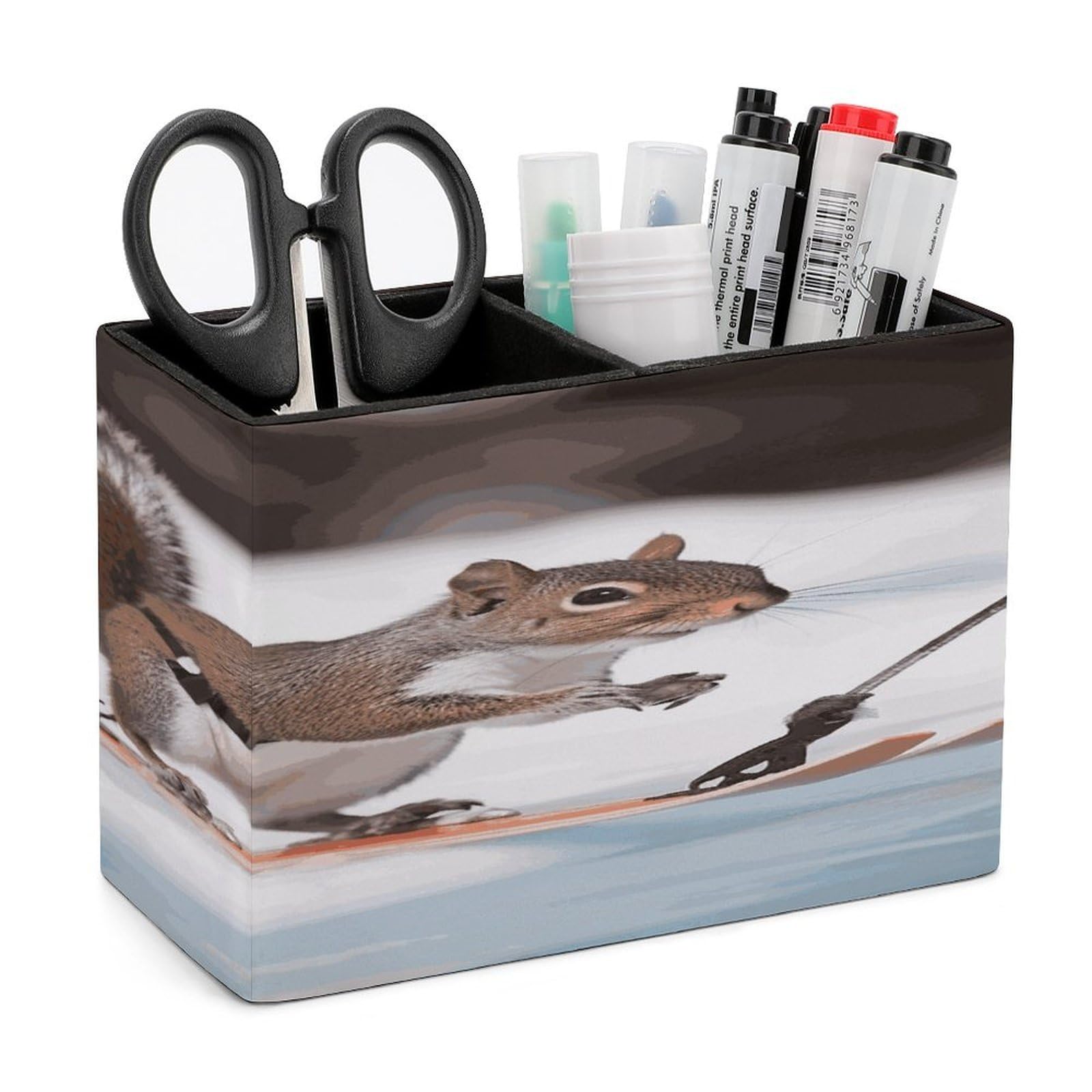 LDGSUPH Skiing Squirrel Leather Pen Holder for Desk Organizer Caddy Large Pencil Cup Multi-function Pencil Holder Makeup Brush Holders Pen Organizer for Home Office Storage Box