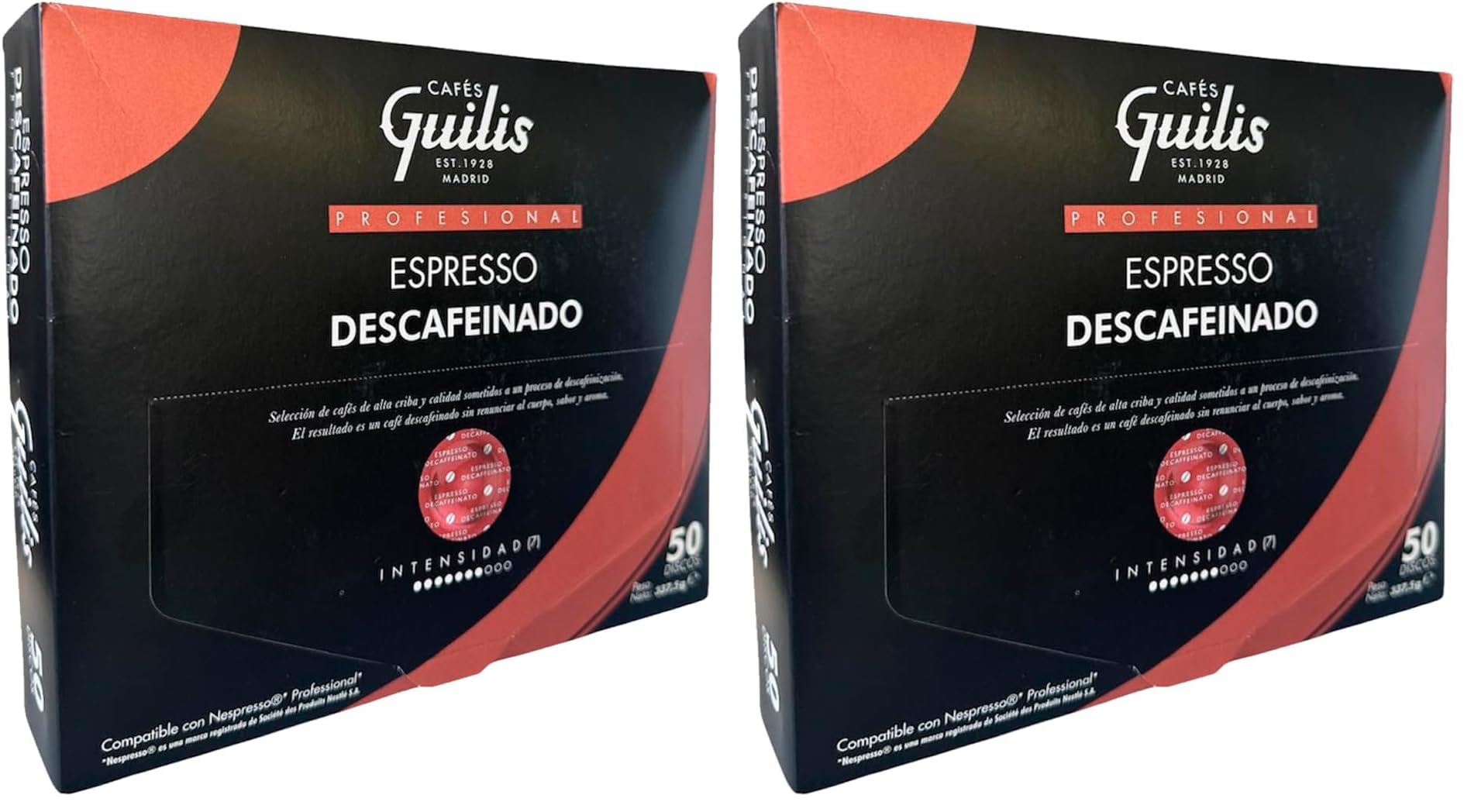 CAFES GUILIS DESDE 1928 AMANTES DEL CAFÉ - Cápsulas Compatibles con Máquinas de Café Espresso PRO | Café Descafeinado | Tueste Natural - 50 Uds (Paquete de 2)