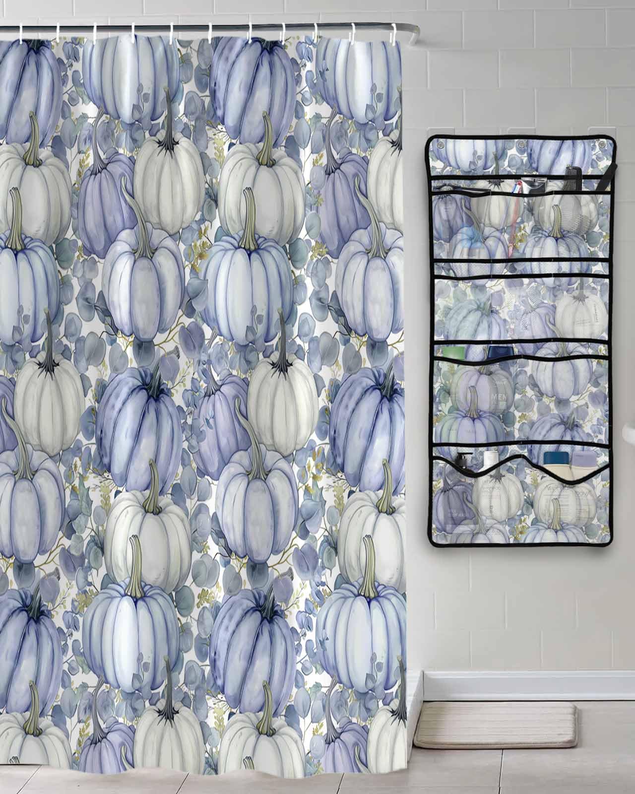 Decorative Shower Curtain Sets Fall Thanksgiving Fabric Waterproof Shower Curtains Autumn Pumpkin Eucalyptus Leaves Purple Mesh Shower Caddy