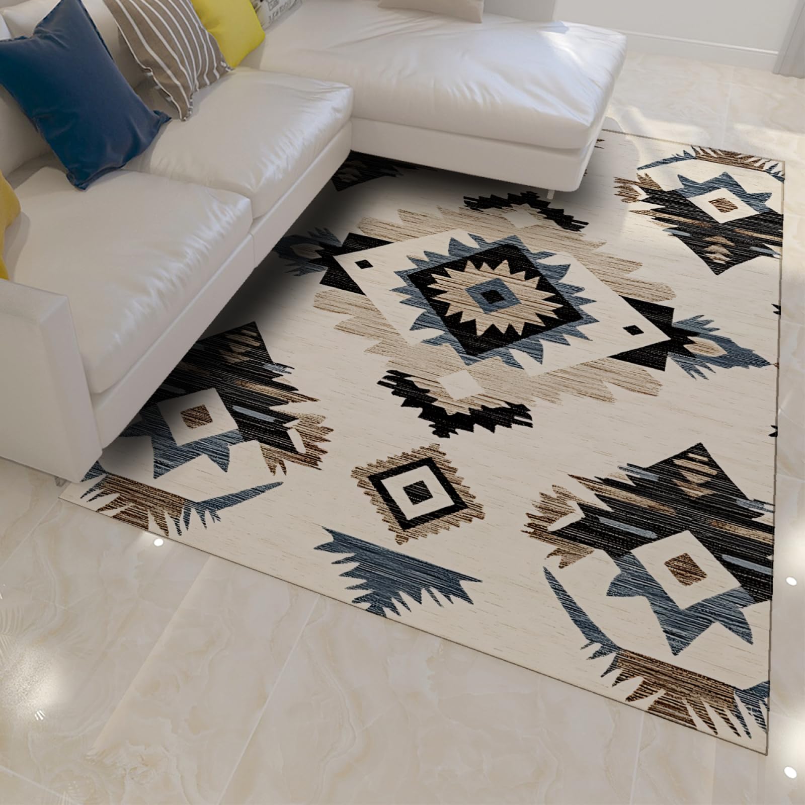Tapis géométrique lavable résistant aux taches motif diamant style ethnique