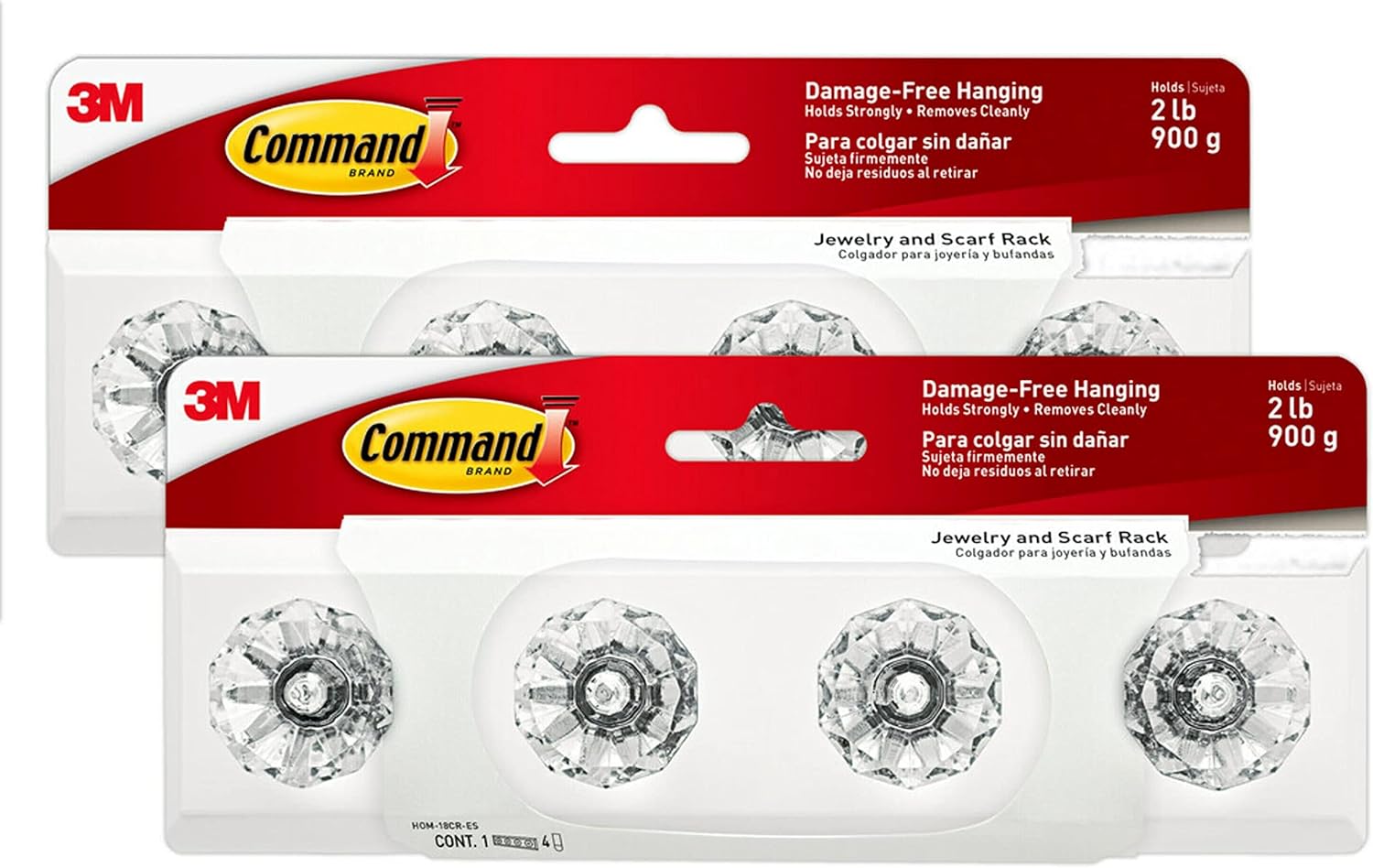 Command Crystal Knob Jewelry and Scarf Rack, Holds up to 2 lb, Total 2 Scarf Organizers with 8 Command Strips (2-Pack of 1 Rack), Damage Free Bedroom and Cloest Organization for Accessories