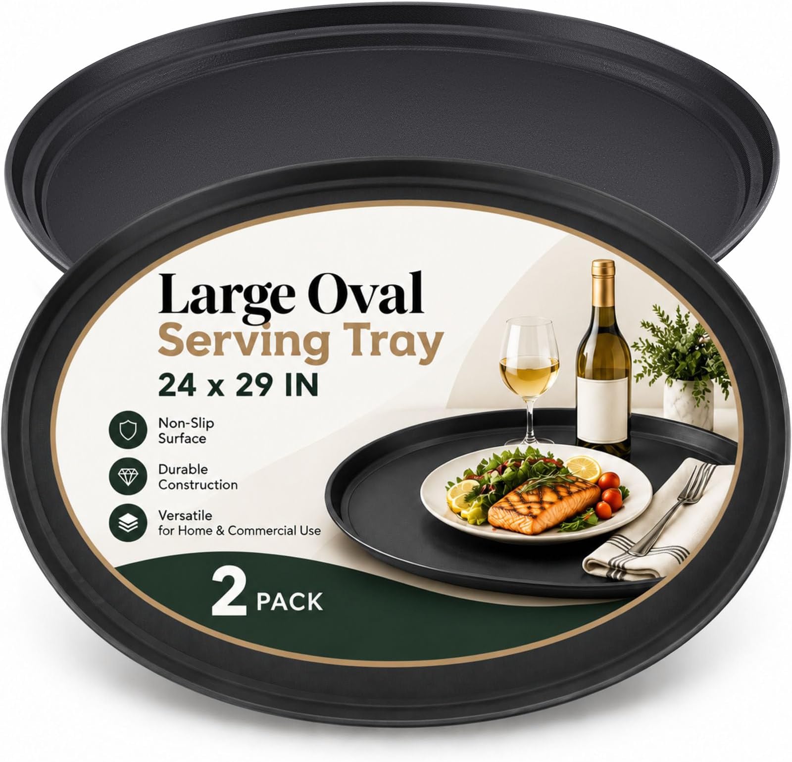 FillTouch 2 Pcs Restaurant Serving Trays Oval, 24 x 29 Inch, Black