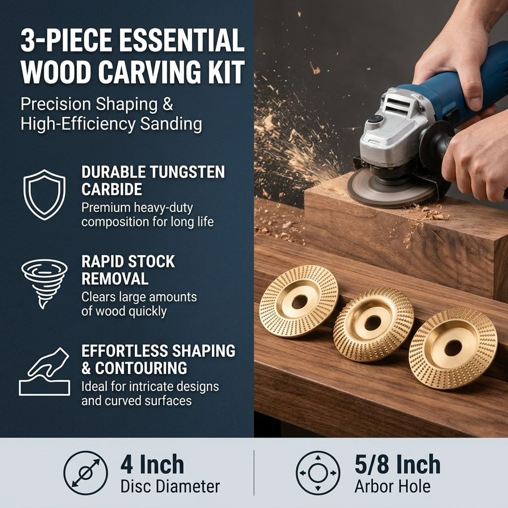 3-Piece Wood Carving Disc Set (Flat, Curved, Beveled) for 4" & 4-1/2" Angle Grinders - Heavy-Duty Tungsten Carbide Grinding Wheel & Stump Grinder Attachments for Woodworking