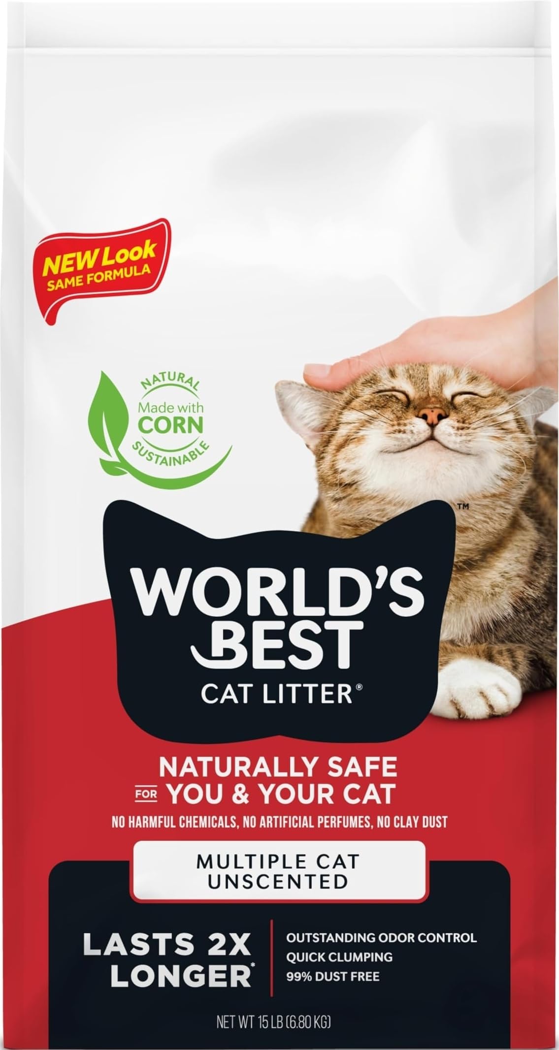 WORLD'S BEST CAT LITTER Plusieurs Chats Non parfumés, 6,8 kg – Ingrédients naturels, agglomération Rapide, jetable, 99% sans poussière – Contrôle des odeurs Durable et ramassage Facile