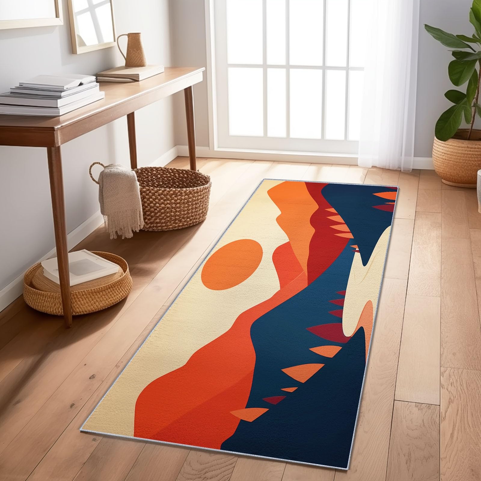 Tapis de couloir 80x240 cm bleu au motif de montagnes et rivières pour entrée