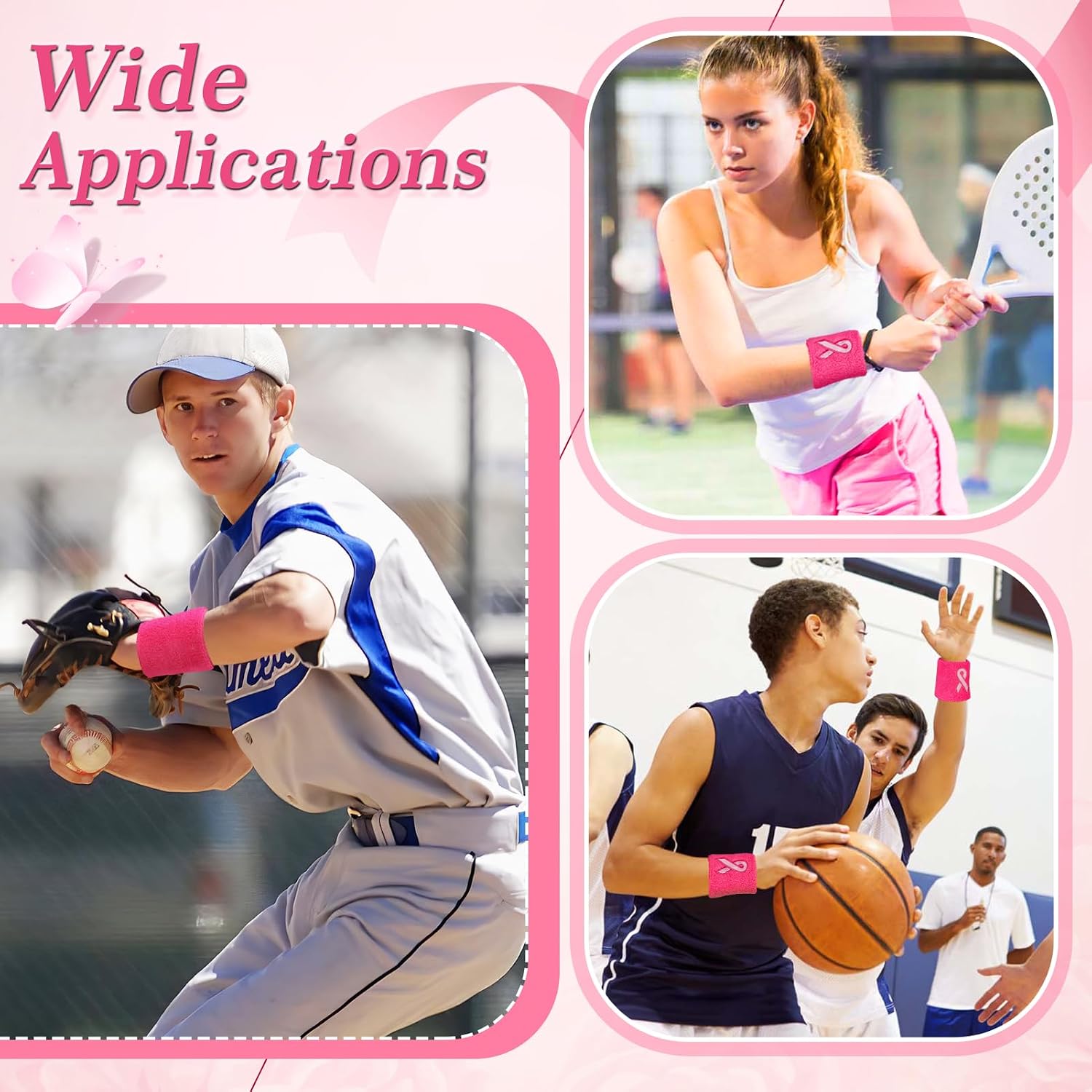 12/24/48Pcs Breast Cancer Awareness Wristbands - Football Pink Ribbon Wristbands Bulk for Youth Men Women, Elastic Gymnastics Sports Wrist Sweatbands for Football Baseball Athletic Sports