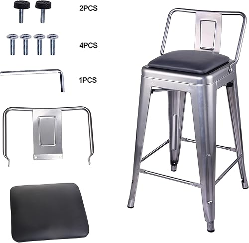 Miniatura 8 de GIA Taburete de metal con respaldo bajo de altura de mostrador de 24 pulgadas con asiento de cuero vegano, color plateado