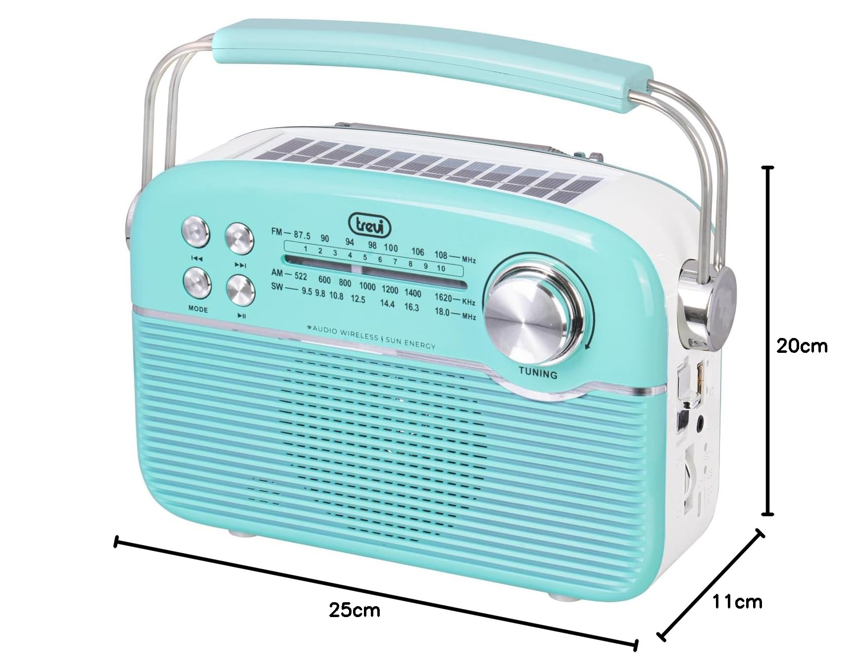 Trevi RA 7F50 BT Radio Portatile Wireless Multibanda FM AM SW con Lettore MP3, USB, Micro SD, Batteria al Litio Ricaricabile e Pannello Solare USB Type-C, Verde