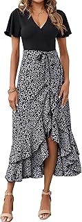 Womens Maxi Summer Dresses 2025 Short Sleeve V Neck Boho Floral Print Belted High Low Ruffle Party Cocktail Dress - Buy now