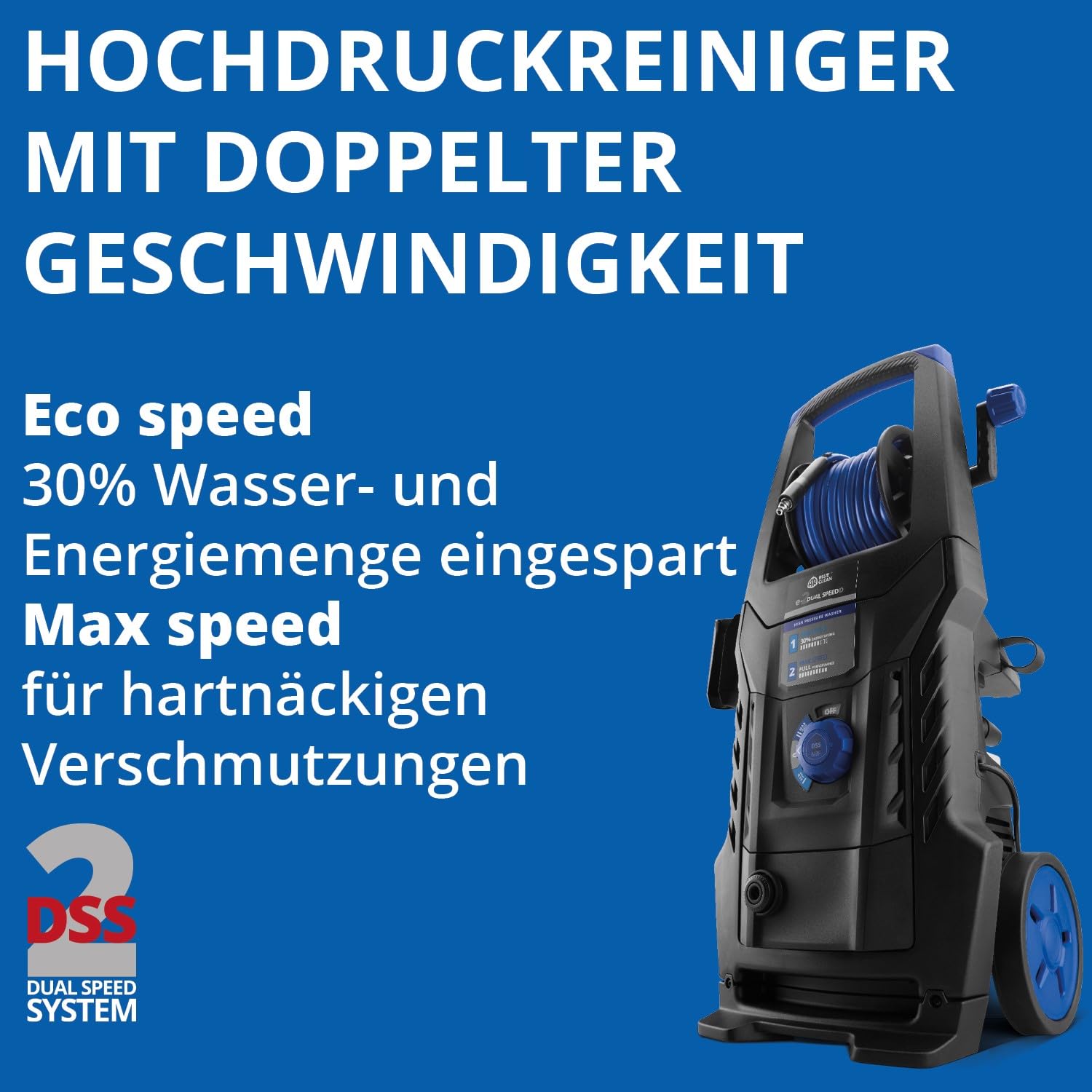 AR Blue Clean Hochdruckreiniger e-2DUALSPEED D mit Dual Speed System, Rohrreinigersonde und Patio Cleaner (2200 W, 160 bar, 460 l/h)