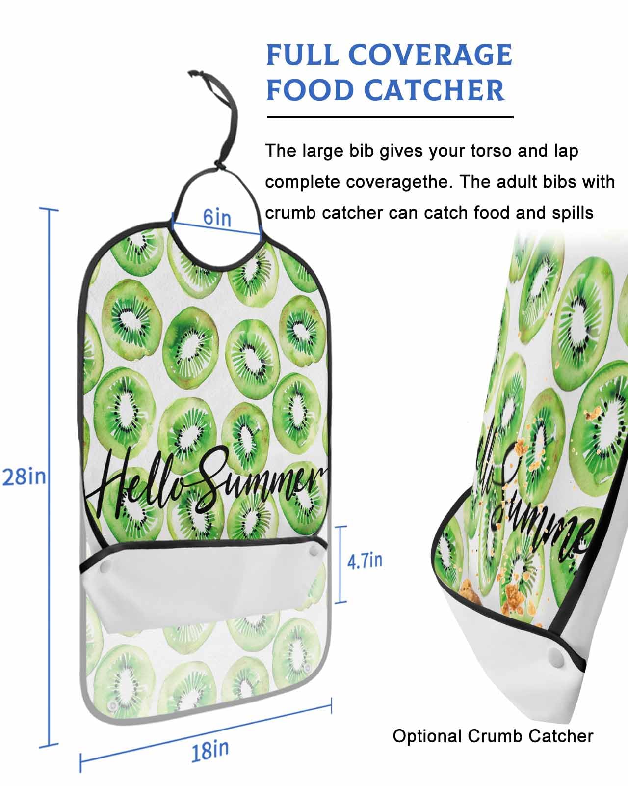 LEOKOTI Green Fruits Adult Bibs for Eating, Waterproof Bibs with Food Catcher & Adjustable Snap Closure, Summer Fruits Watercolor Tropical Washable Clothing Protectors Adult Bibs for Elderly Women/Men