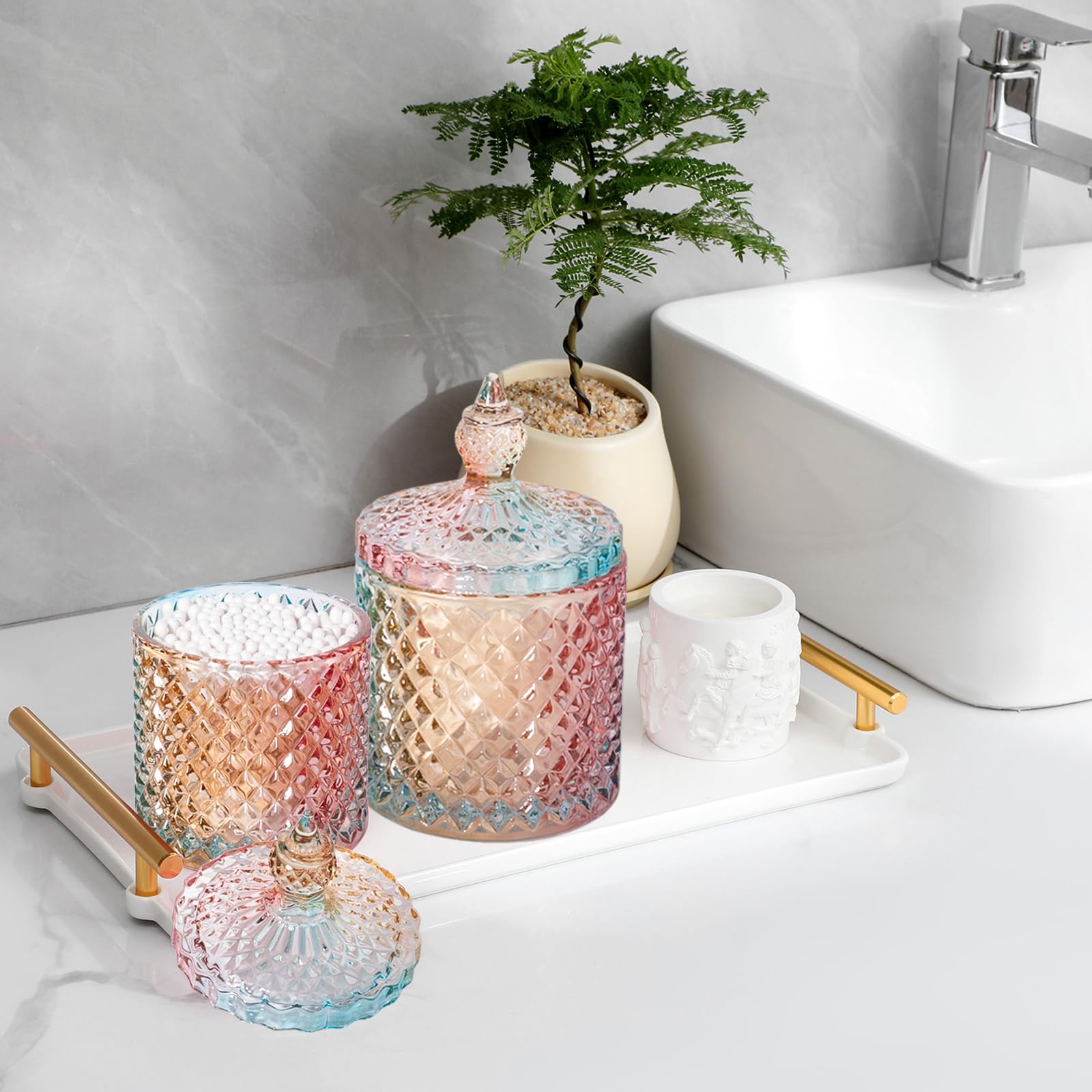 rejomiik Paquete de 2 accesorios de baño de vidrio Qtip, organizadores de tocador y almacenamiento de maquillaje para hisopos de algodón, bolas, almohadillas, palillos de hilo dental, dulces, arcoíris