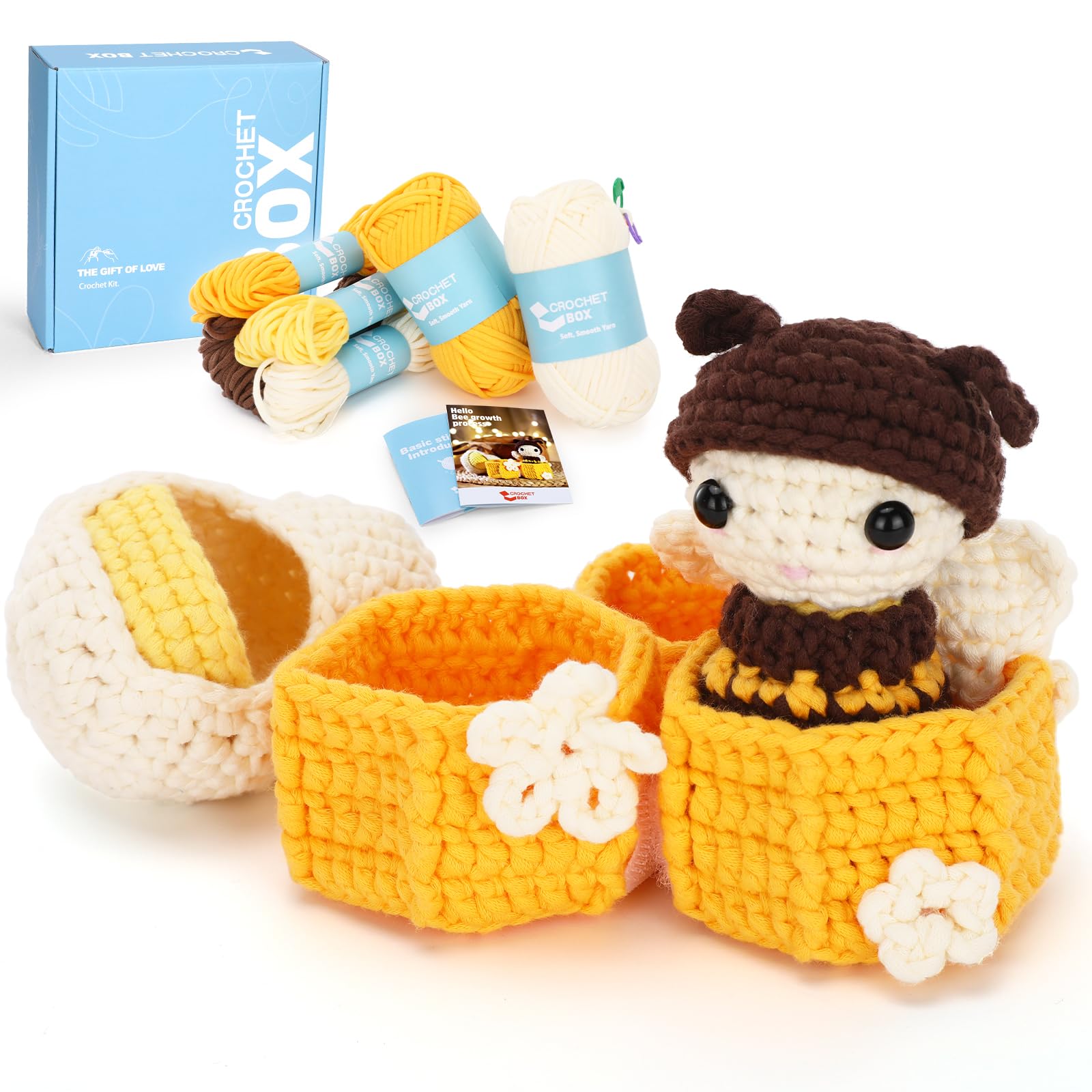 かぎ針編みキット 初心者 大人用 - Bee Grow Up Starters かぎ針編みキット 初心者用 大人用 子供用 DIY クラフトギフト かぎ針編み糸付き フック ステップバイステップビデオ 説明書