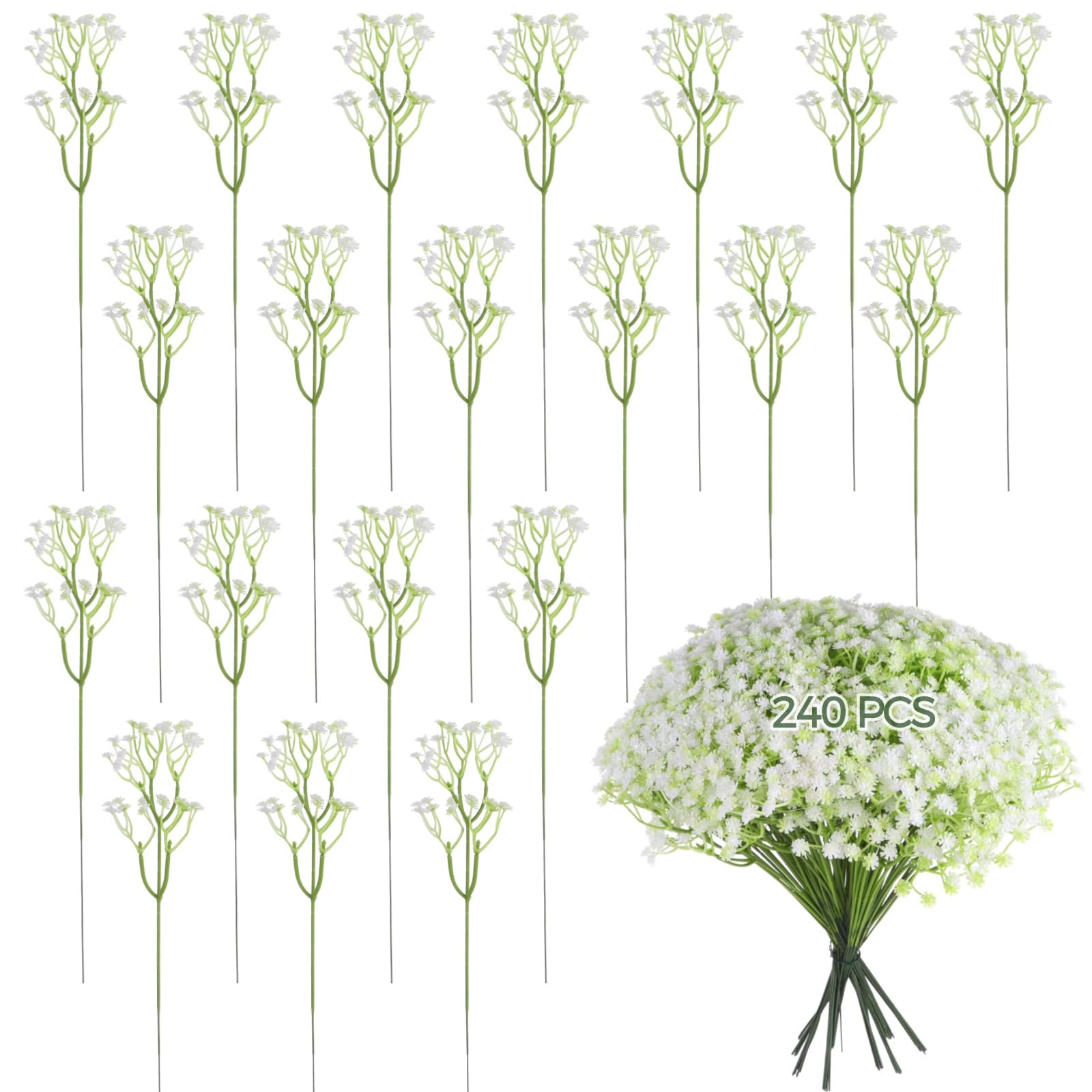 240 STK. Künstliche Blumen, weiße Sternblumen für Hochzeitsdeko, künstliche Blumensträuße mit grünen Blättern, pflegeleicht, wetterbeständig, für Wohnung, Party und DIY