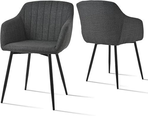 Goeurvant Pack de 2 Sillas de Comedor con Reposabrazos, Sillas Tapizadas de Lino con Patas Metálicas, Modernas Sillón para Salón y Cocina, Gris Antracita