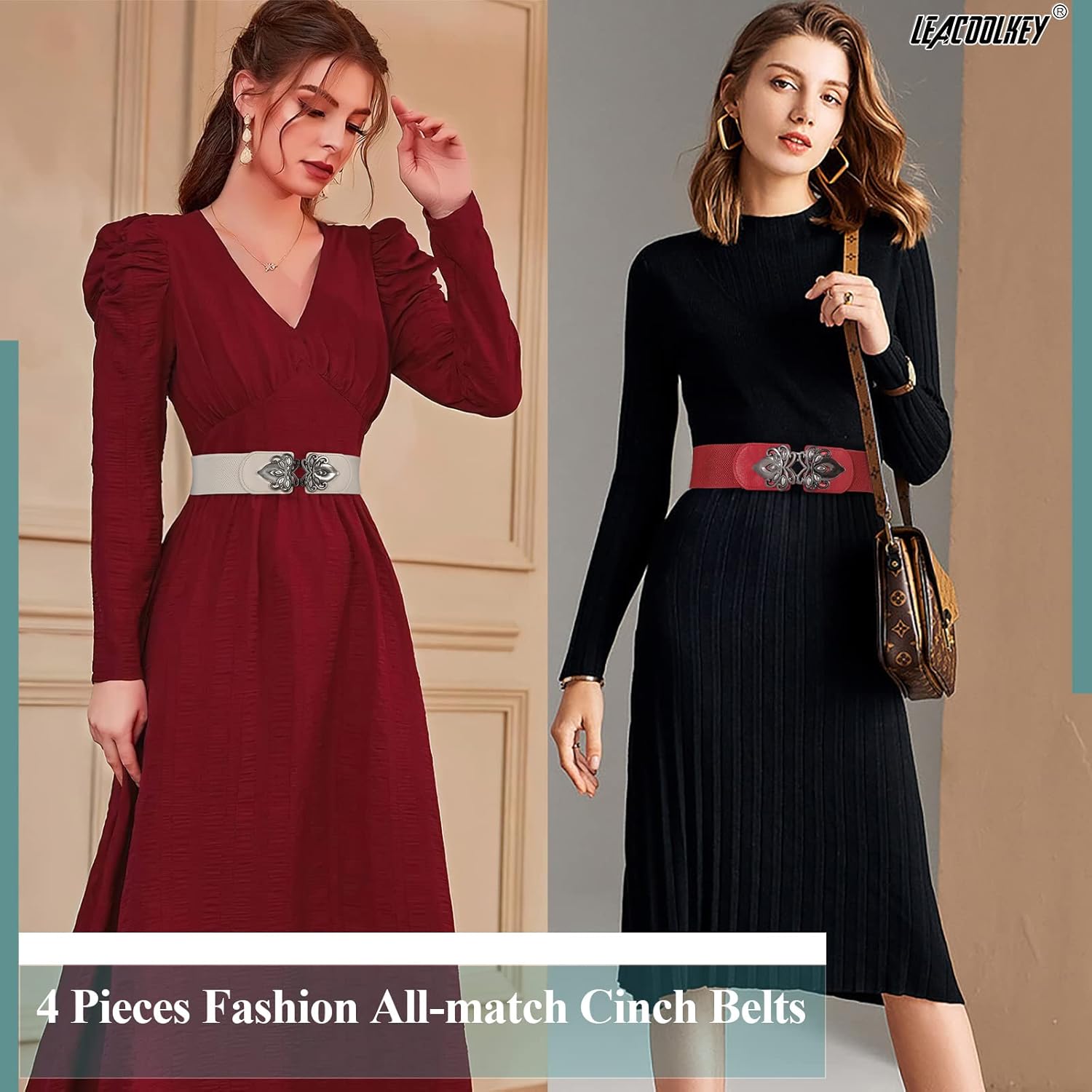 LEACOOLKEY 4 Pack Women Wide Elastic Waist Belt for Dress Plus Size Vintage Stretch Belt Retro Buckle 2.36" Width - Image 4