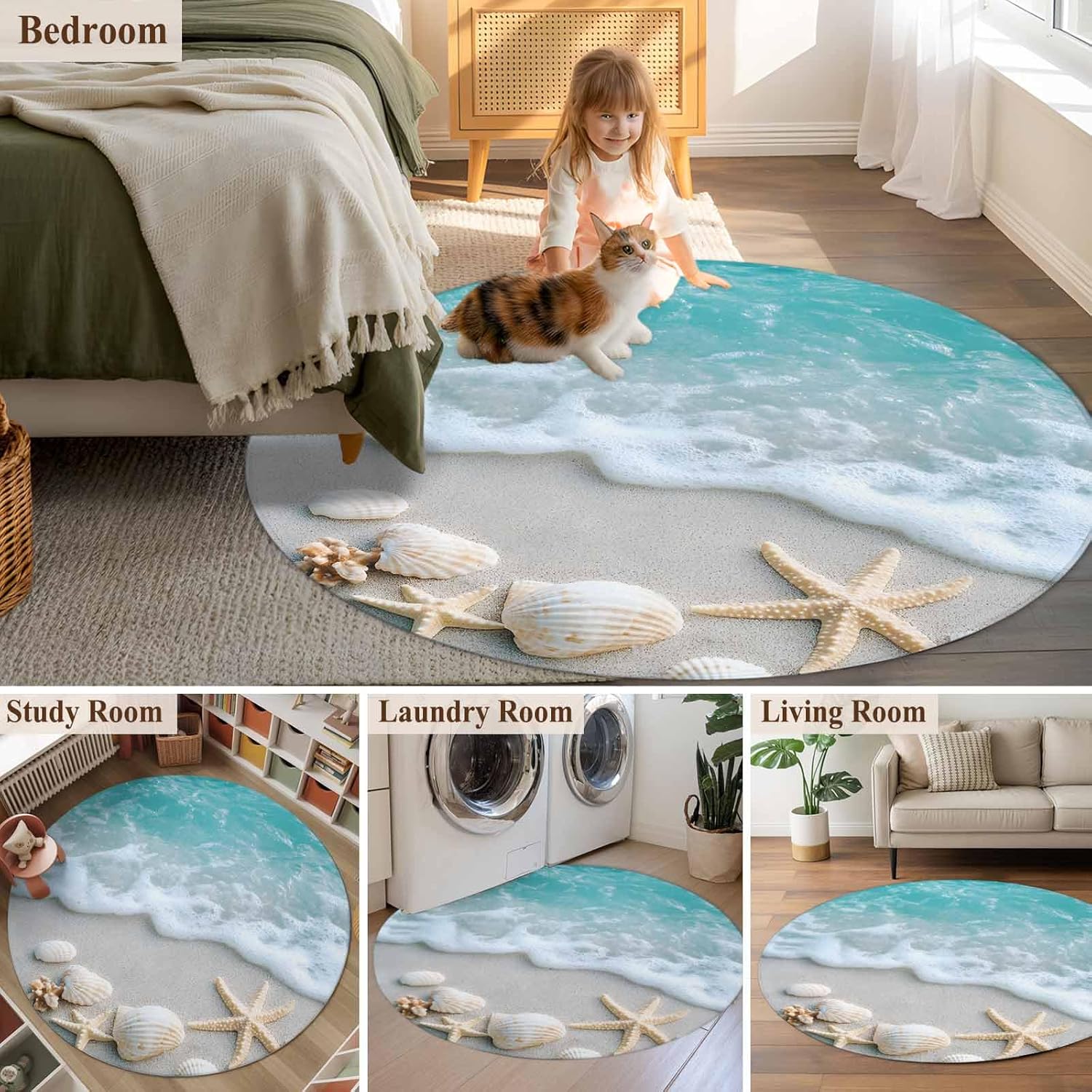 Round Area Rug 4ft Teal Beach Floor Carpets Indoor Floor Area Mat Stain-Proof Mat Circle Rugs for Living Room Dining Room Kitchen Bedroom, Ocean Waves Starfish Sofa Throw Carpet