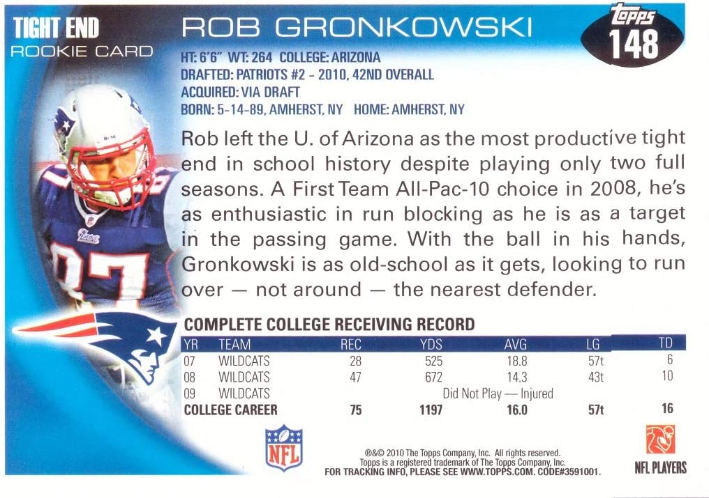 2010 Topps NFL Football Card #148 Rob Gronkowski RC - New England Patriots (Rookie Card) NFL Trading Card