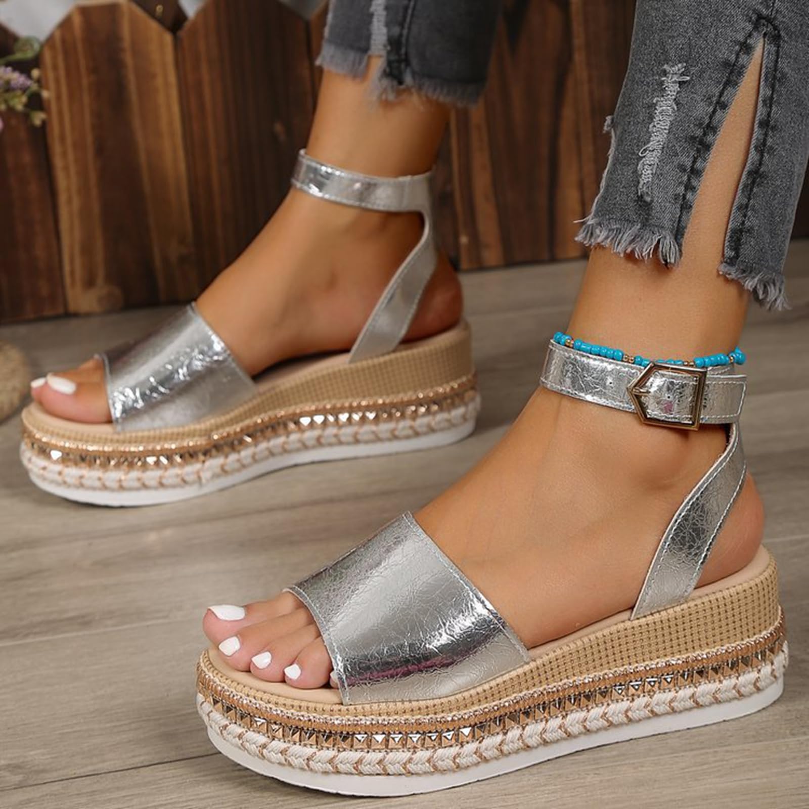 SACFOF Espadrillas da donna con plateau, casual, cinturino alla caviglia, sandali con zeppa, comodi, eleganti, con fibbia, scarpe estive
