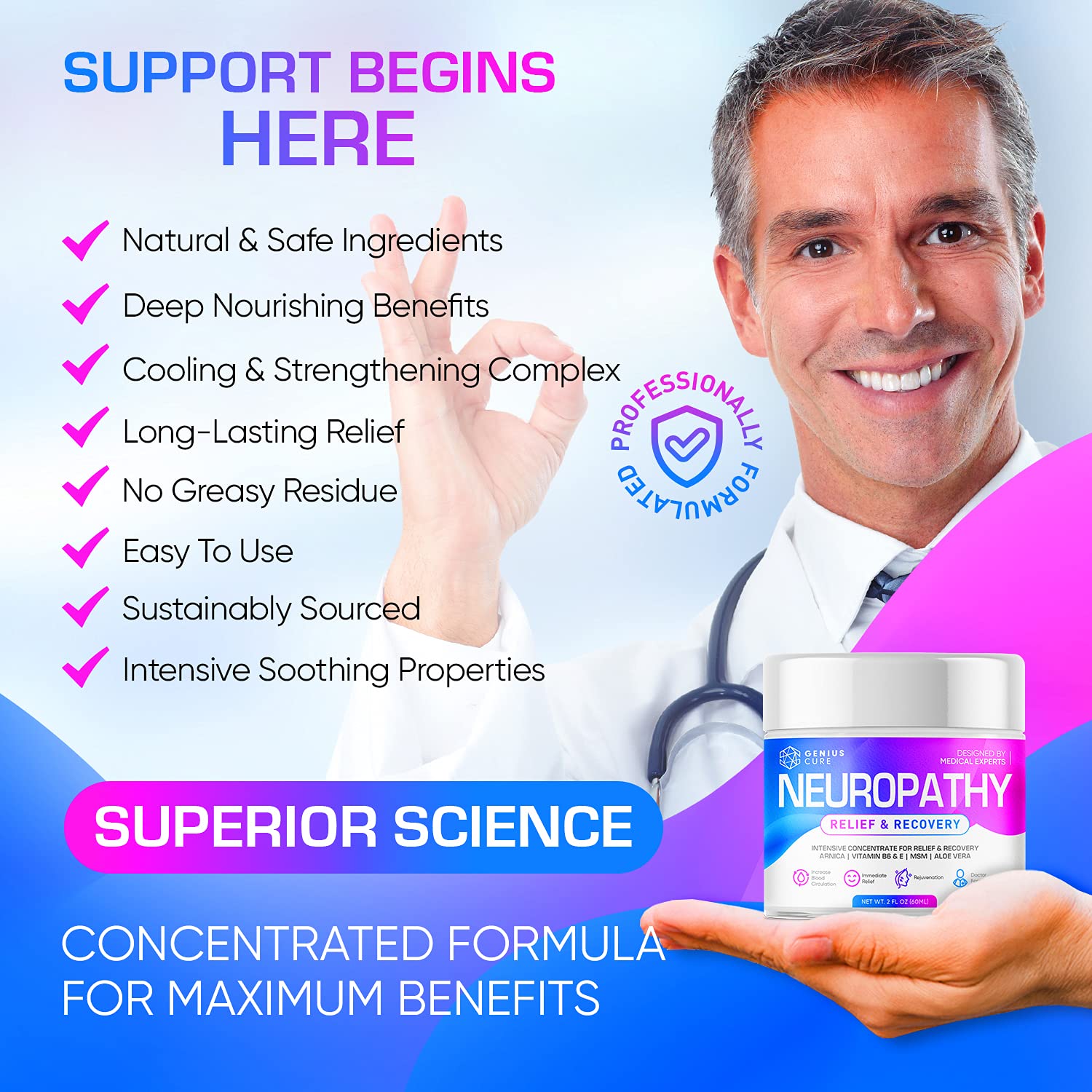 Neuropathy Nerve Pain Relief Cream - Maximum Strength Relief Cream for Foot, Hands, Legs, Toes Includes Arnica, Vitamin B6, Aloe Vera, MSM - Scientifically Developed for Effective Relief 2oz : Health & Household
