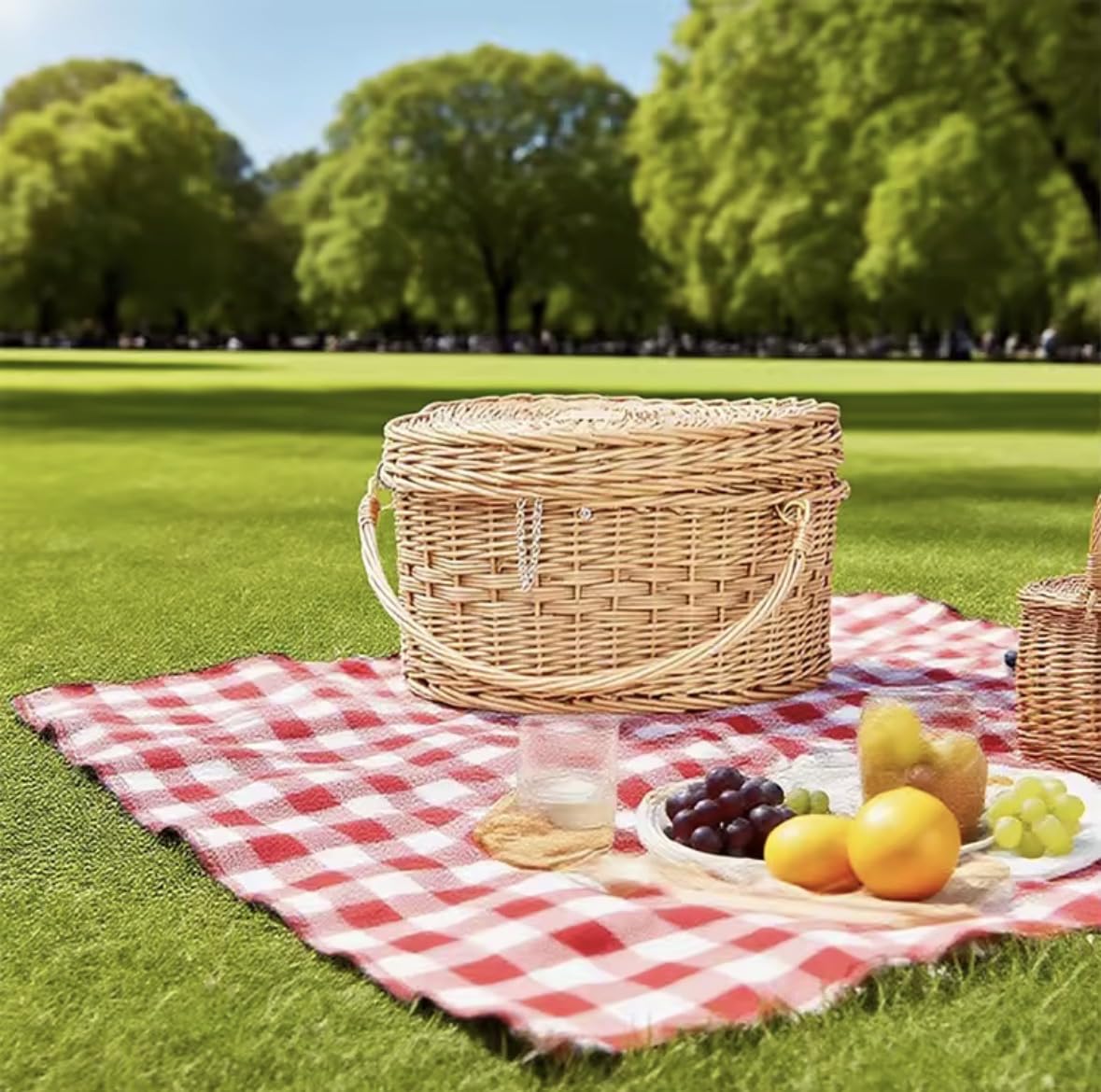 Cesta de picnic de mimbre, transportador tejido de ratán en forma de corazón con asa, almacenamiento portátil de alimentos para camping, viajes y comedor al aire libre, 45 x 39 x 25 cm
