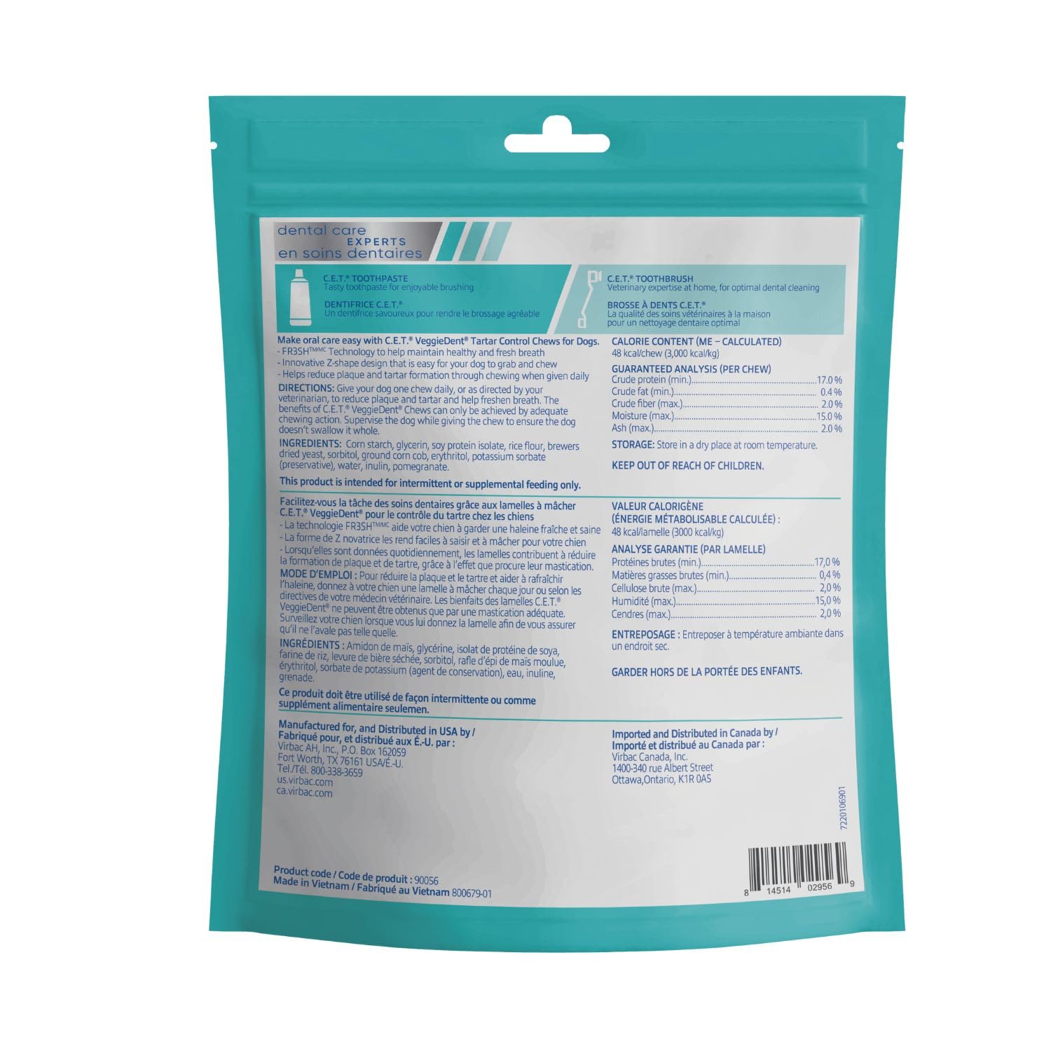 Virbac VeggieDent fr3sh C.E.T Zahnsteinkontroll- Kauartikel für kleine Hunde (10-20Lbs) 30ct Klein - Frisch