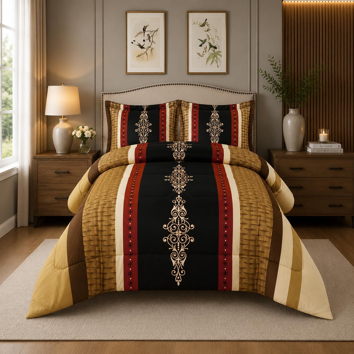 Trendy Printed King Bedspread Brown with Matching Pillow Shams Microfiber Front and Reverse 300GSM Polyester Filling Ideal Bed Throw for All Seasons