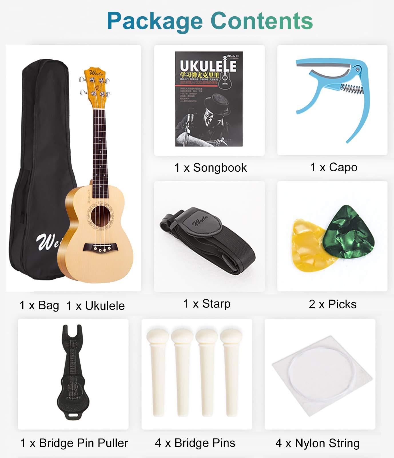 LXLA Ukulele dla początkujących, 63 cm drewniane ukulele sopranowe ze sznurkami i kostkami i torebką oraz kapodaster i sankbook - wybór prezentów urodzinowych na festiwale