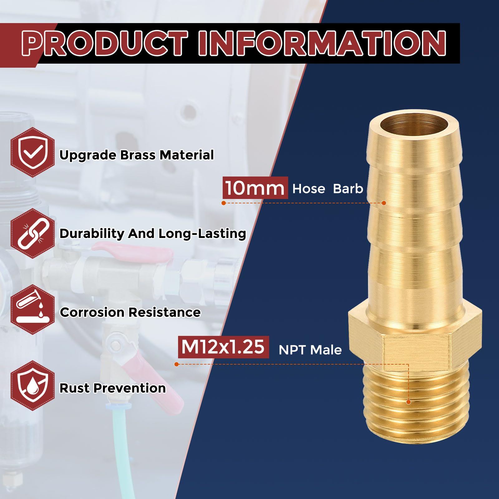Kozelo Pack of 10 Solid Brass Hose Barb Fittings 10mm Hose Barb to M12x1.25 Male Fittings for Home Machines Massage Bathtubs - Image 2