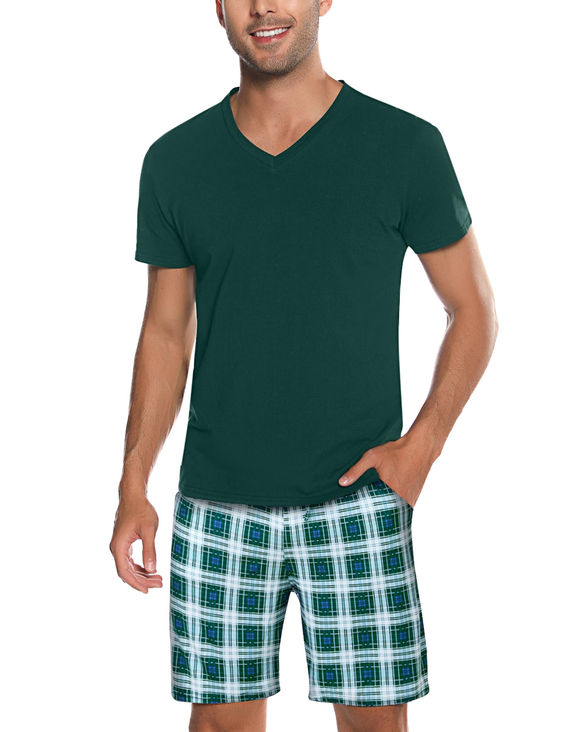 Bresdk Kurzer Herren-Pyjama aus Baumwolle, kurzärmelig, Set aus kurzen Pyjamas, für den Sommer, Hemden und Hosen, weich und bequem