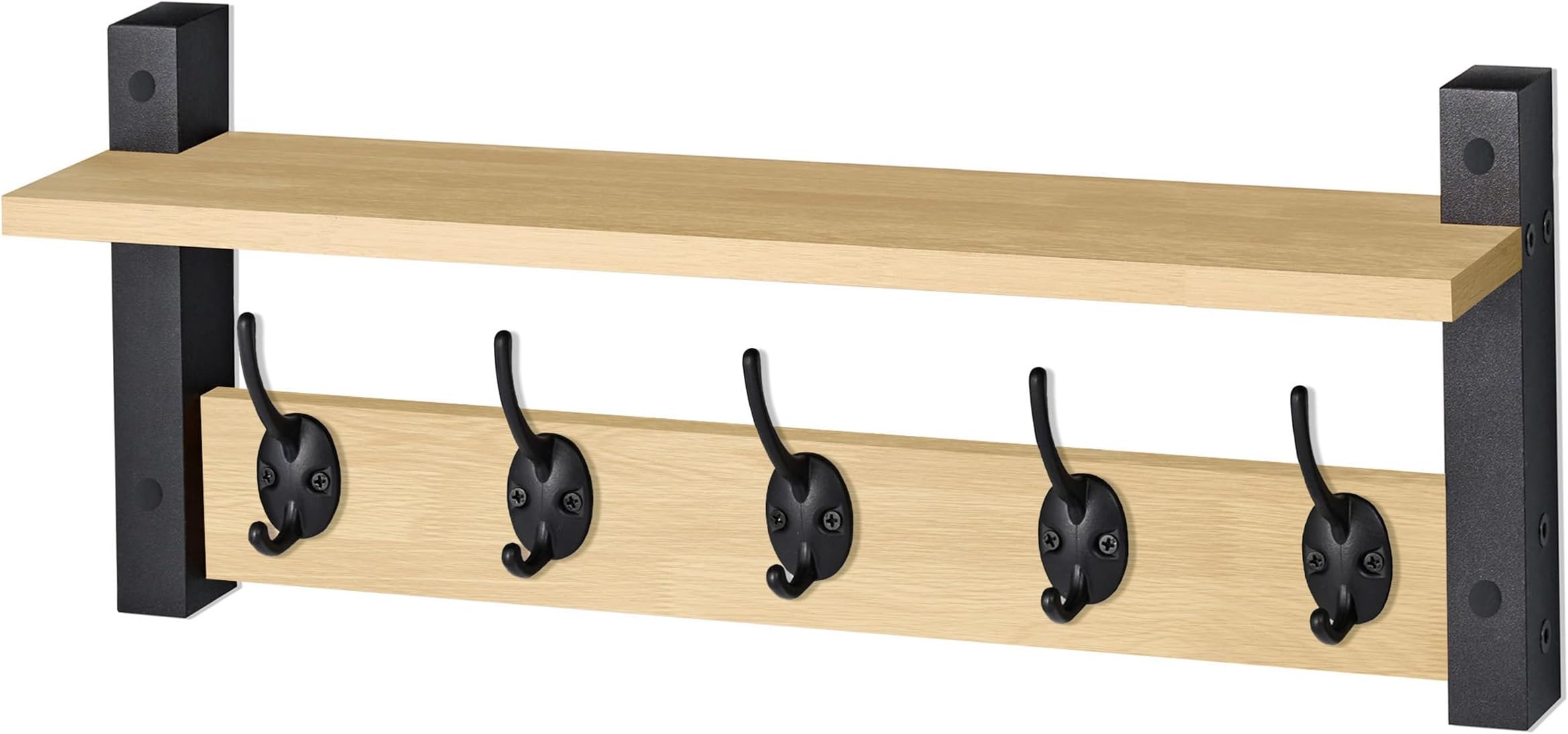 Coat Hooks Wall Mount with Shelf – 24 Inch Coat Rack Wall Mount with 5 Heavy Duty Hooks – Floating Wall Shelf with Hooks for Entryway, Bathroom, Bedroom, Kitchen, or Mudroom (Maple Wood)