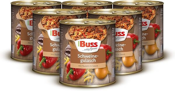 Buss Rustikale Gerichte - Gulasch vom Schwein mit Nudeln und Paprika - Lang haltbare Fertiggerichte zum schnellen Aufwärmen in Mikrowelle & Topf - 6 x 800g