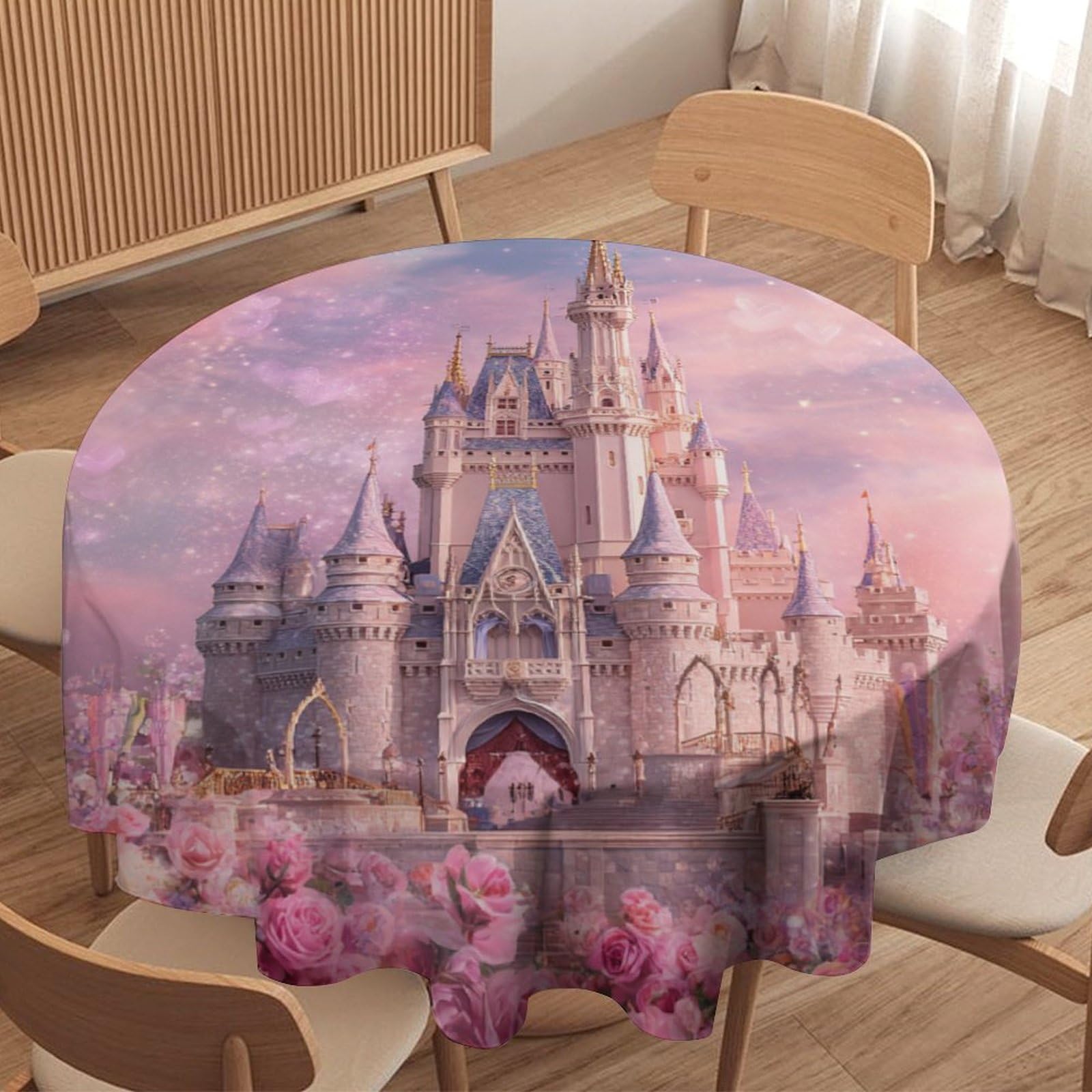 LUYYSKY Colorful Fantasy Magic Castle Round Tablecloth Modern Fairy Tale Forest Pink Roses Flowers Heart Print Washable Decor for Table Cover for Kitchen-152.4" Wx152.4 L cm
