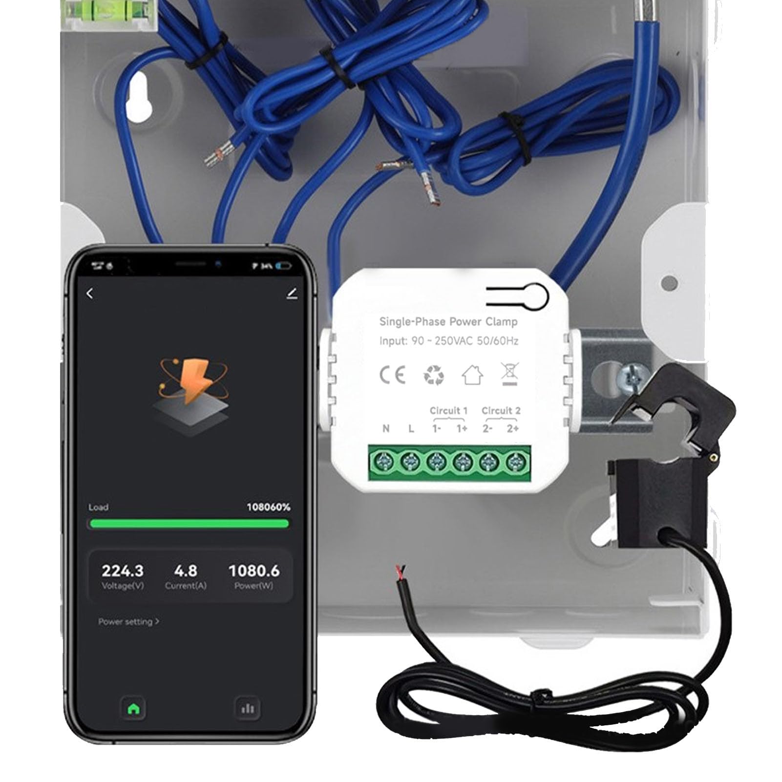 Smart Energy -Messgerät mit 2x200A Stromtransformatoren Echtzeit Echtzeit Elektrizitätsmonitor für Solar -PV -Systeme und städtische Stromnetze ABS -Material 35 -mm -DIN -Schiene
