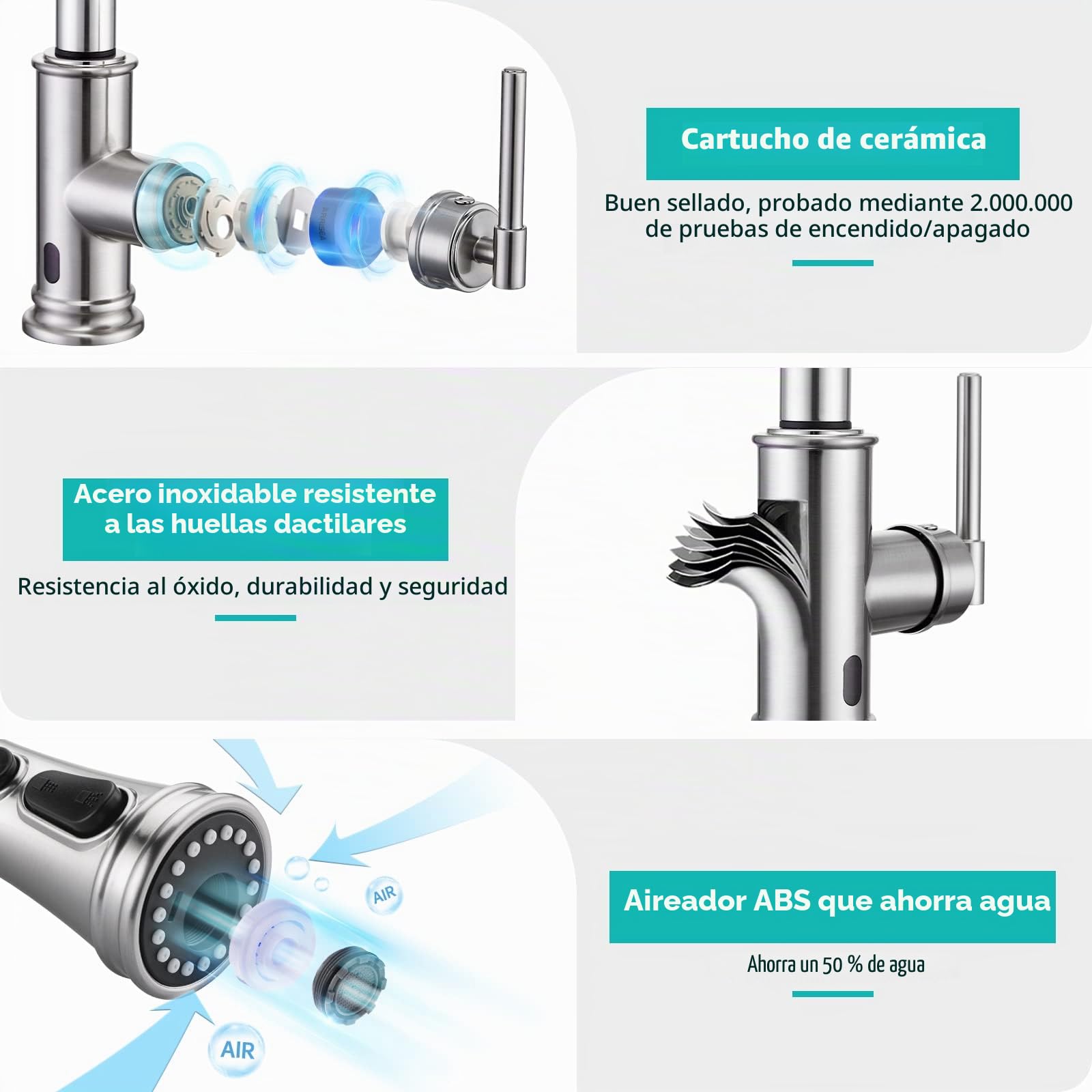 Grifo de Cocina Con Sensor Táctil y Ducha, Alta Presión, Extensible Inteligente, Mezclador para Fregadero, Giratorio 360°, Tres Funciones