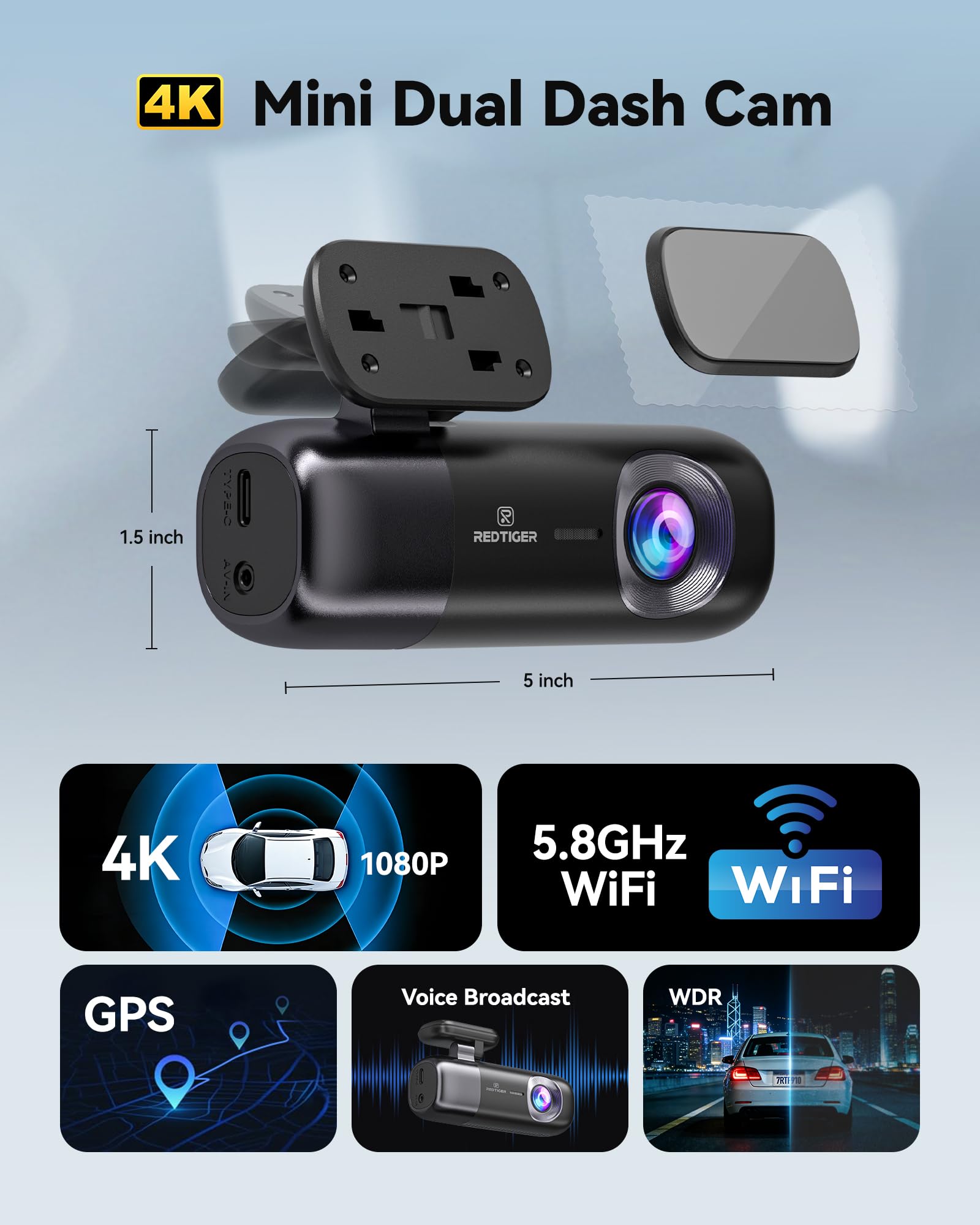 REDTIGER Dash Cam 4K/2,5K przednia i tylna, Dasham samochodowa z WiFi i GPS, nagrywanie w pętli, tryb parkingowy, inteligentne sterowanie za pomocą aplikacji, obsługa 256 GB (F9)