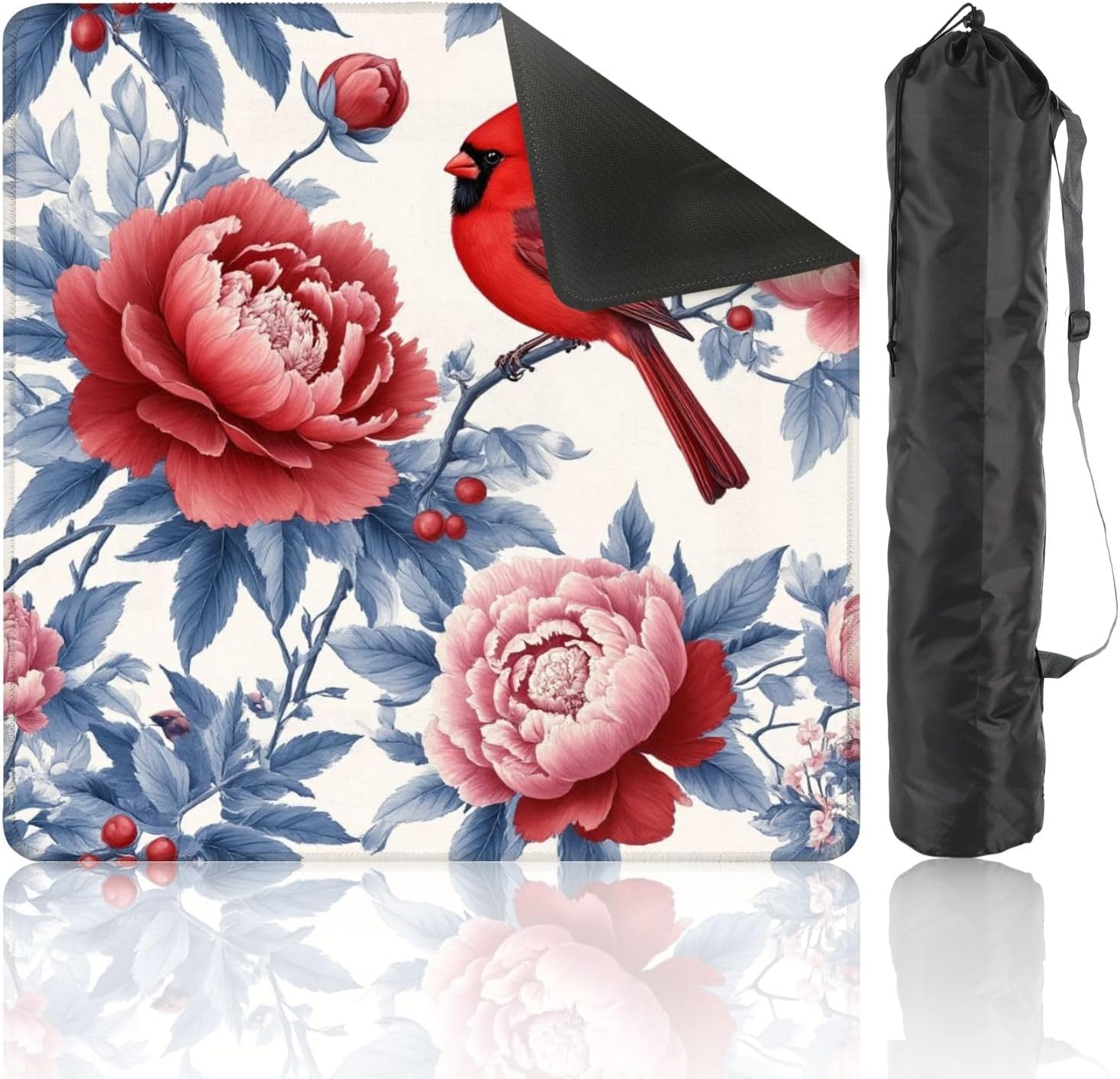 Mahjong Mat for Table with Carrying Bag 31.5" x 31.5" Red Cardinal Bird Branch Peony Flowers Blue Pink Botanical Non-Slip Noise-Reducing Game Mat Mahjong Accessories for Poker Board Games