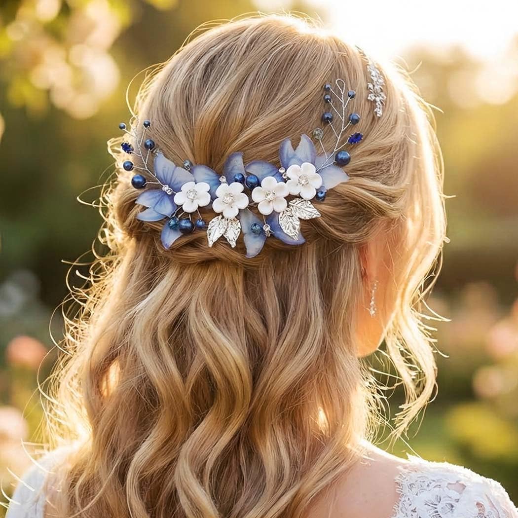 Unicra Butterfly Bride Wedding Hair Vine Blue Pearl Bridal Hair Piece Silver Rhinestone Headband for Women and Girls