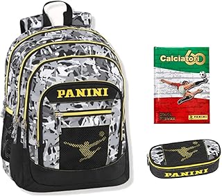 ZAINO SCUOLA Calciatori Panini tondo organizzato 3 scomparti zip + astuccio ovale zip + Diario 2021/2022 standard + Omaggio 7 Penne Scatto cancellabili con Gomma e portachiave calcio