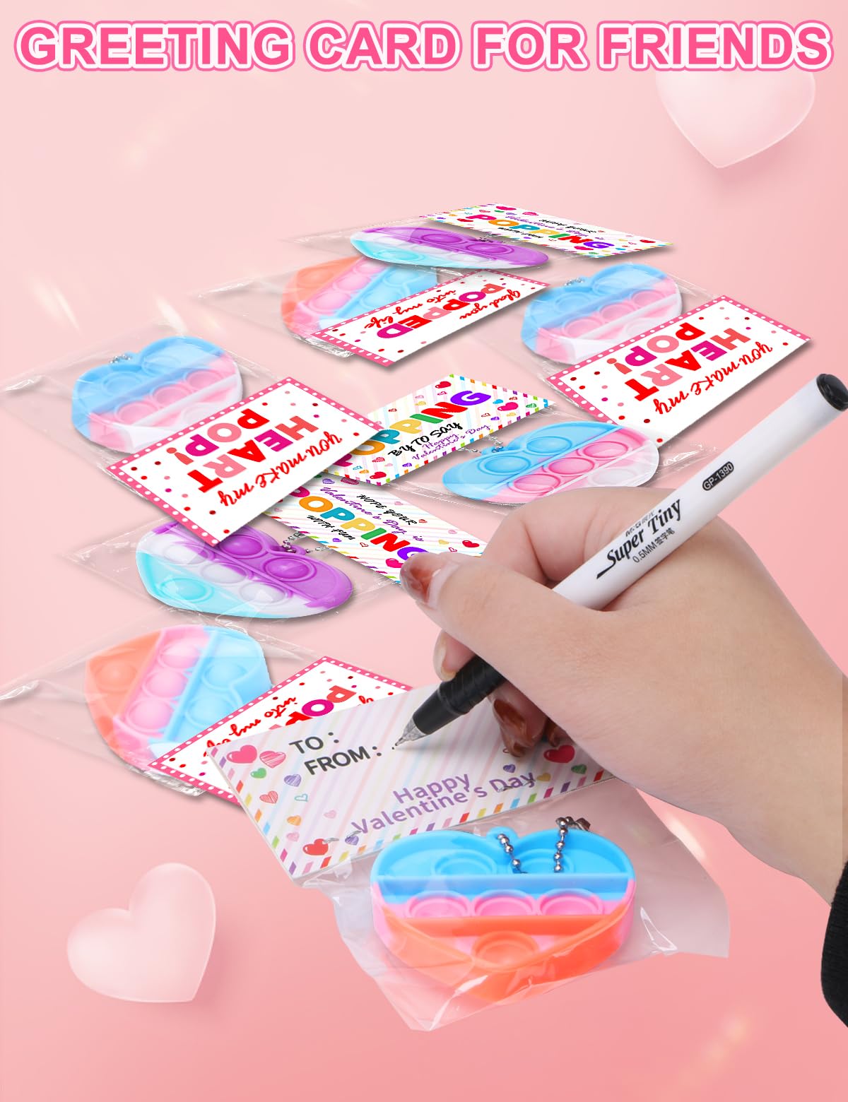 HEMEIYU 28Pcs Heart Shape Pop Fidget Toy with Valentine'sDay Card for Kids,Valentines School Classroom Exchange Kit for Kids, Party Favor Supplies for Kids Children…