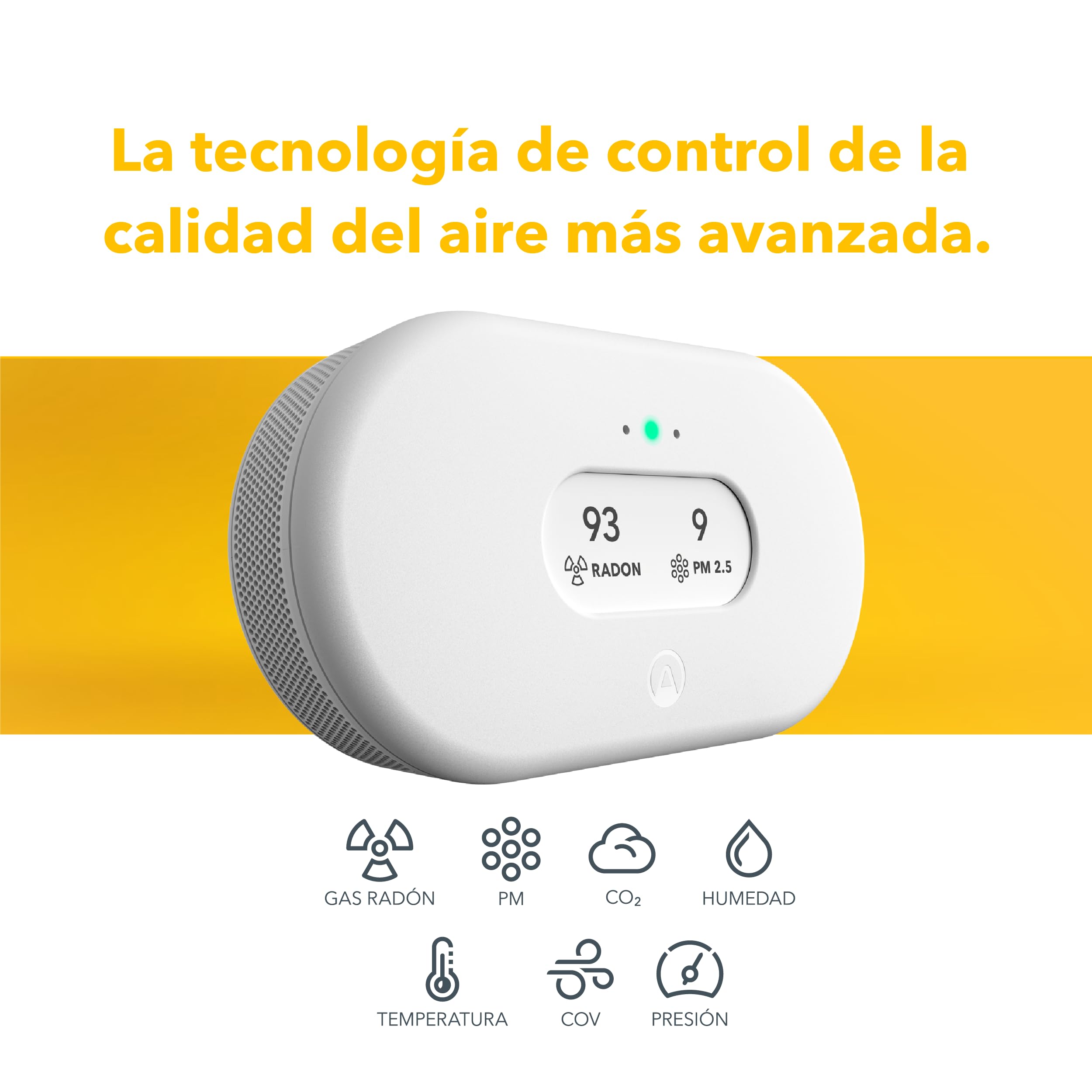 Airthings 2960 View Plus: monitor de radón y de la calidad del aire con detector de PM 2,5, CO2, COV, humedad y temperatura, aplicación para móviles, Wi-Fi, notificaciones