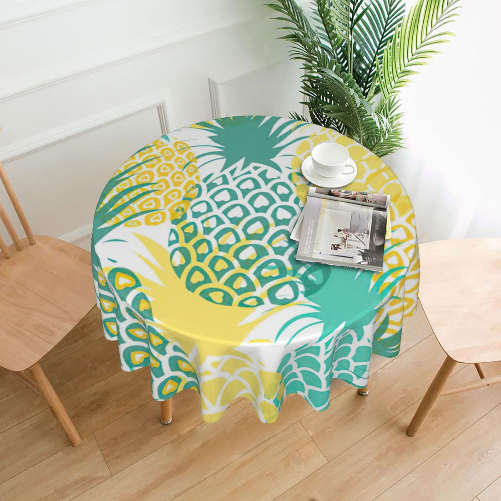 SDEGTHO Tropical Pineapple Print Modern Retro Round Tablecloth 60in Polyester Fabric Cover for Party Dining Table Washable